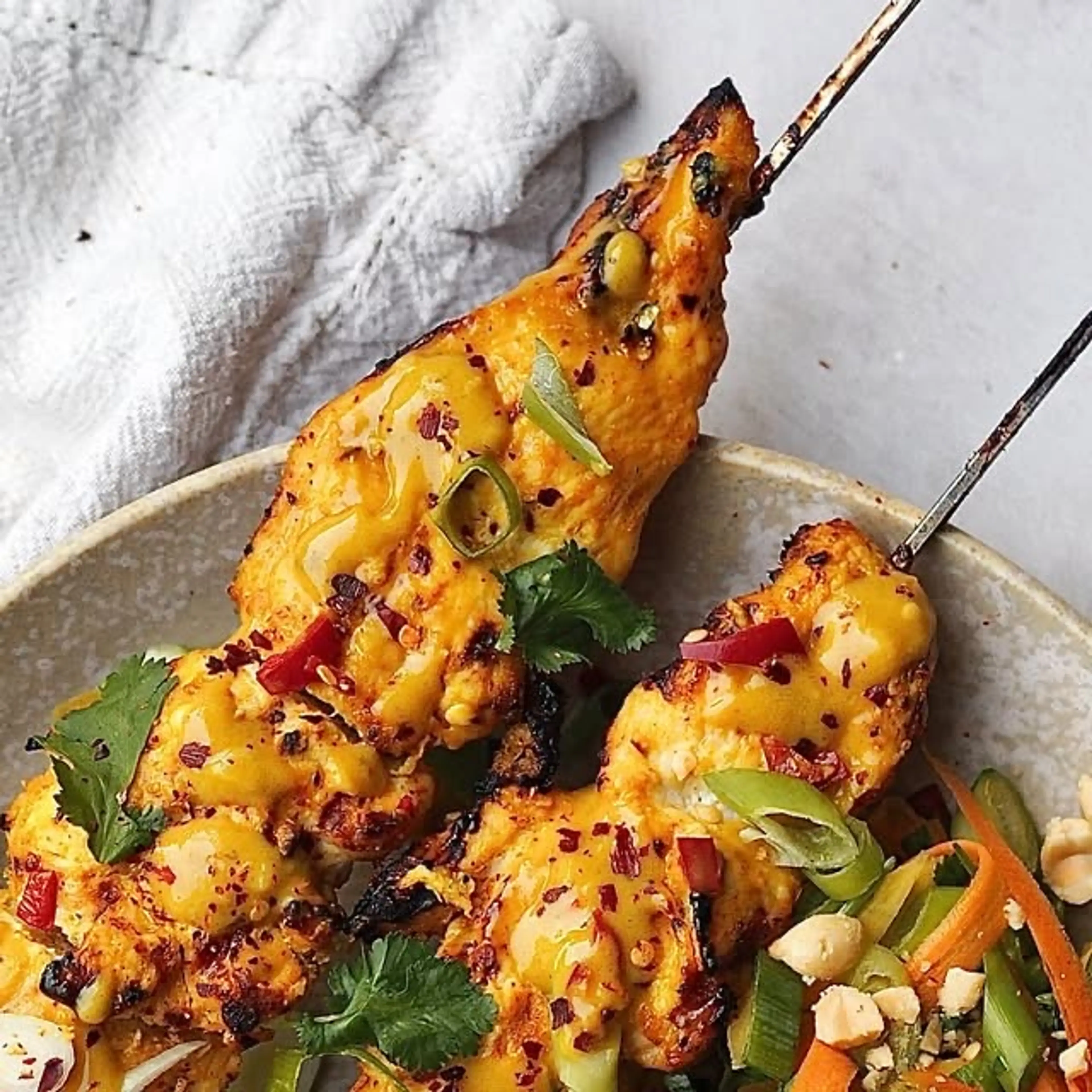 Chicken Satay with a Mango, Lime + Peanut Salad