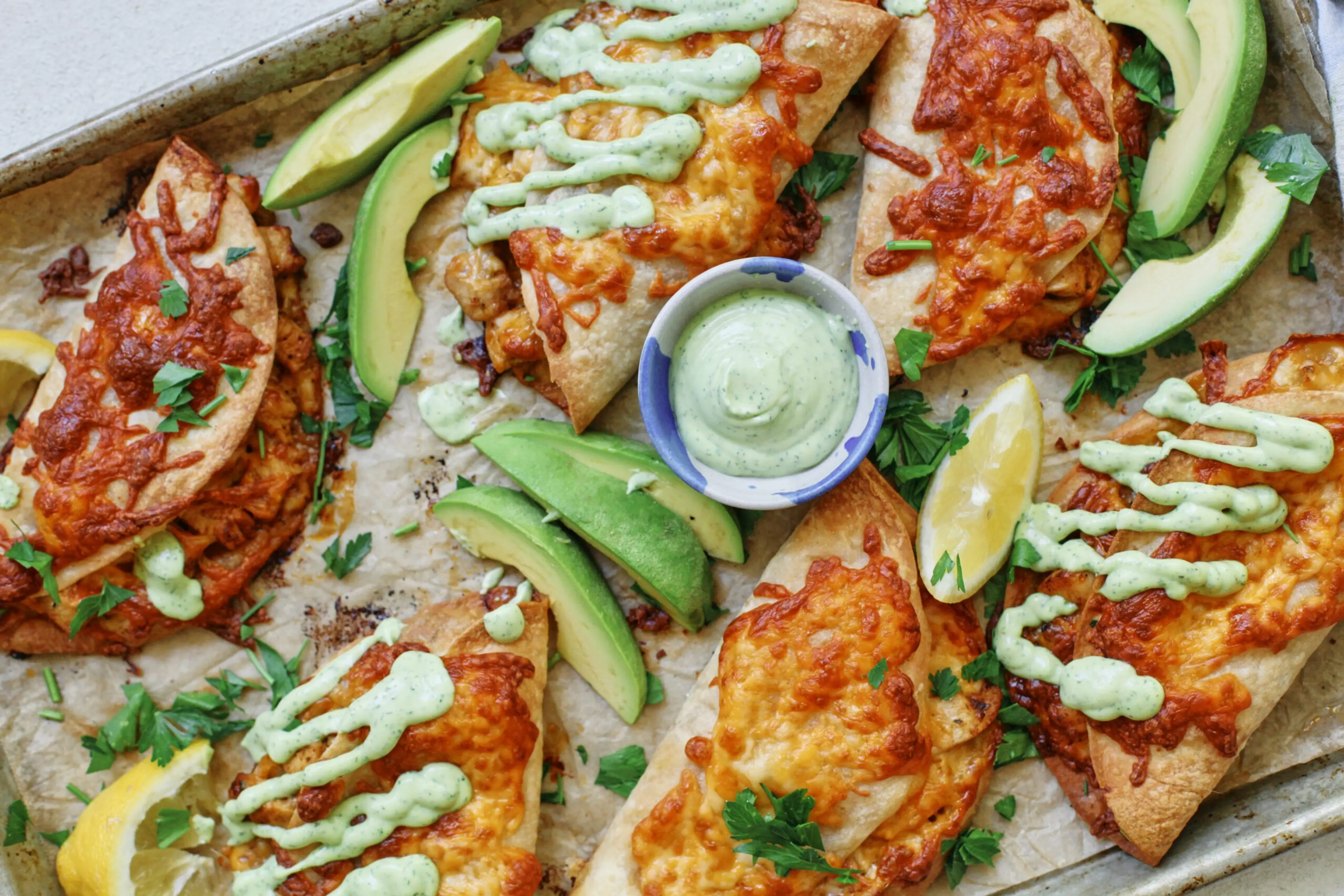 Crispy Chicken Sheet Pan Tacos with Green Goddess Ranch