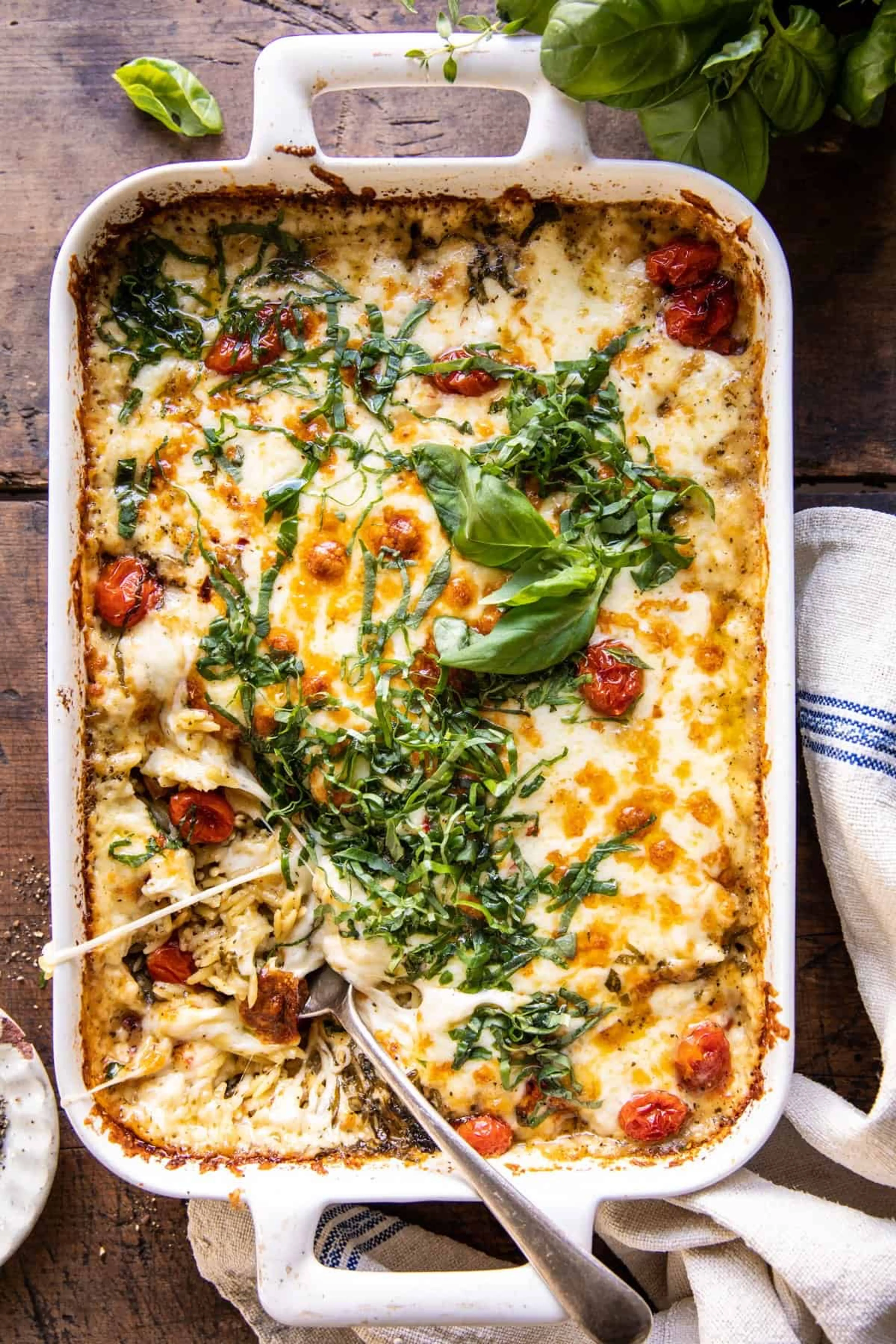 Easiest One Pan Caprese Pesto Orzo Bake