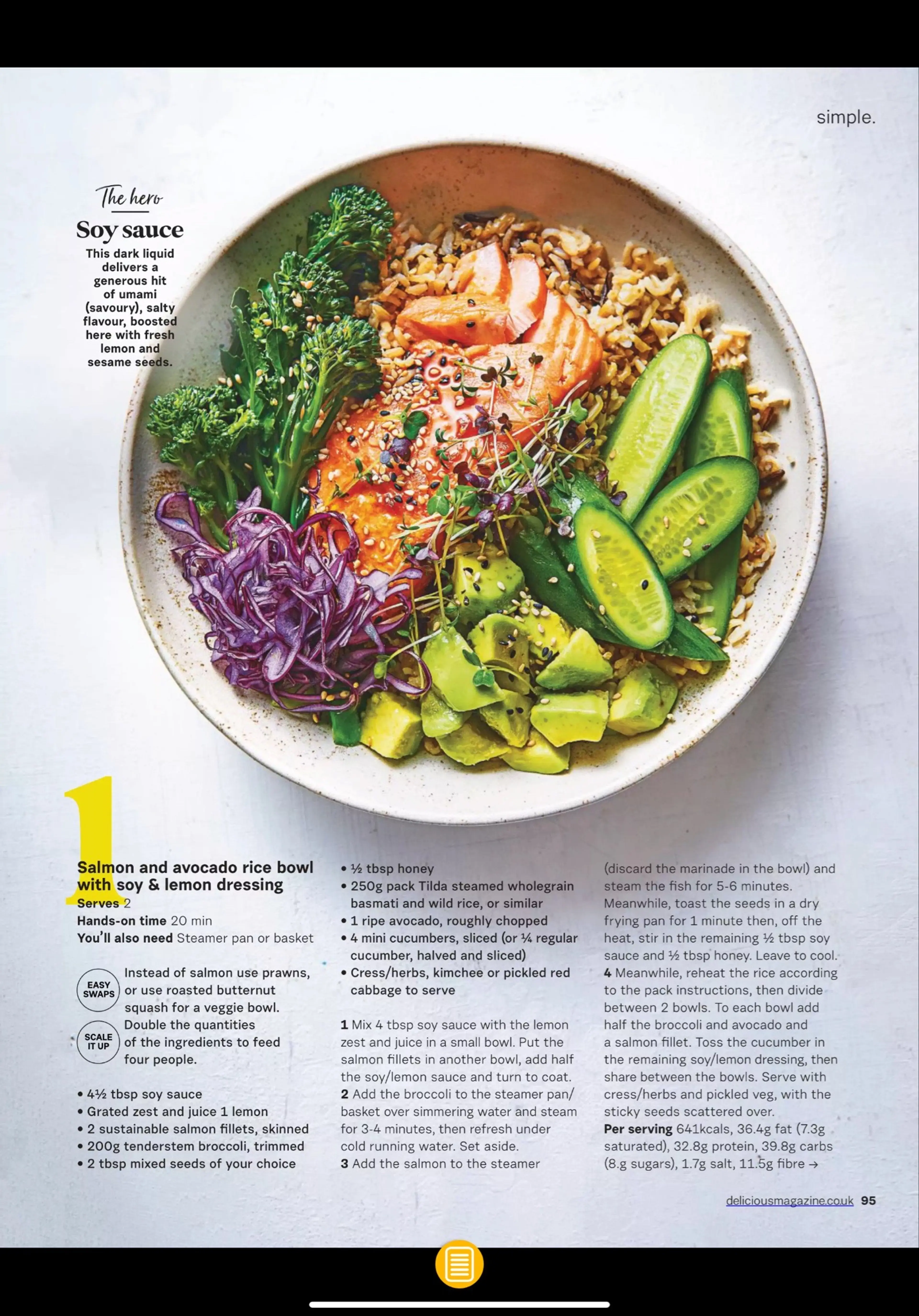 Salmon and avocado rice bowl with soy & lemon dressing