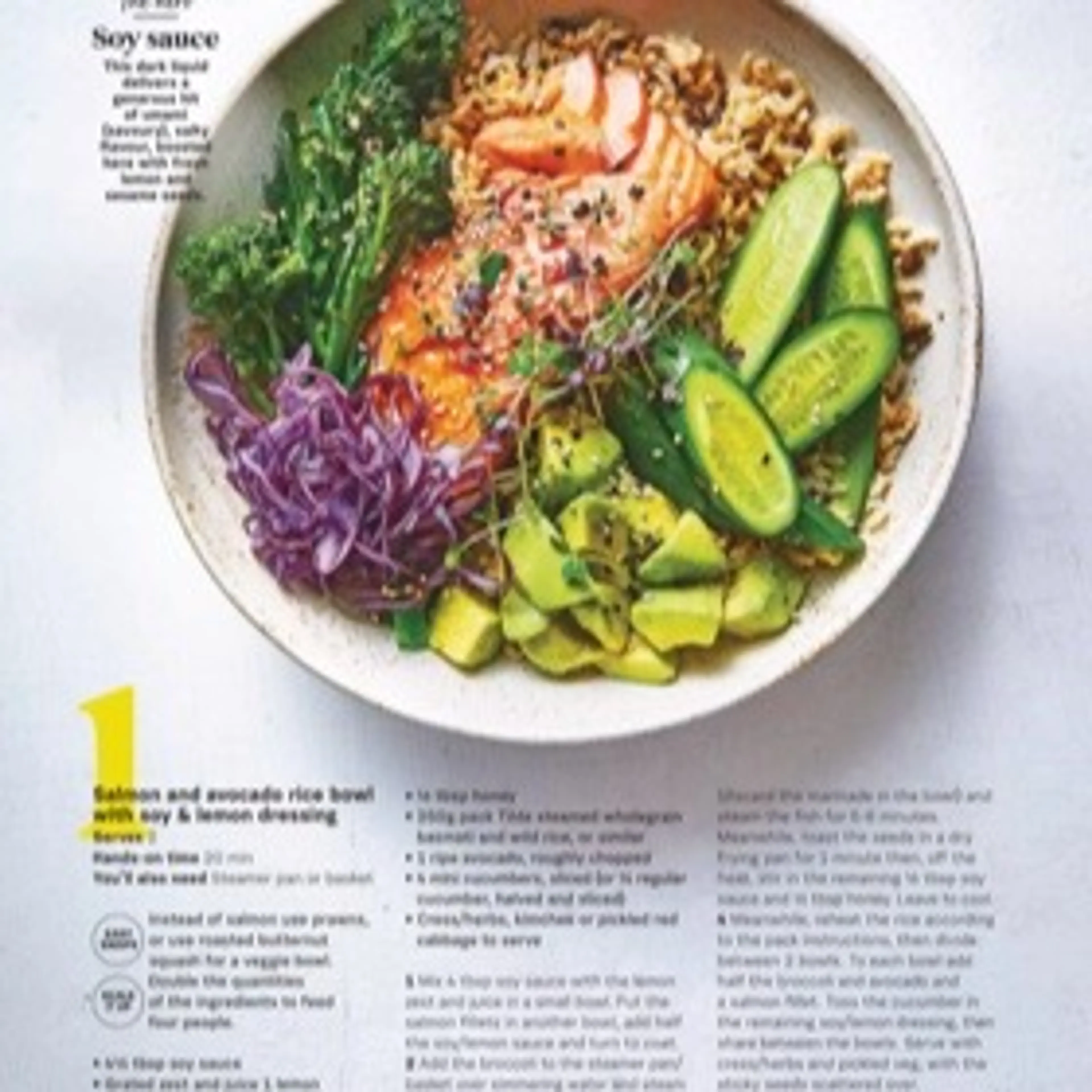Salmon and avocado rice bowl with soy & lemon dressing