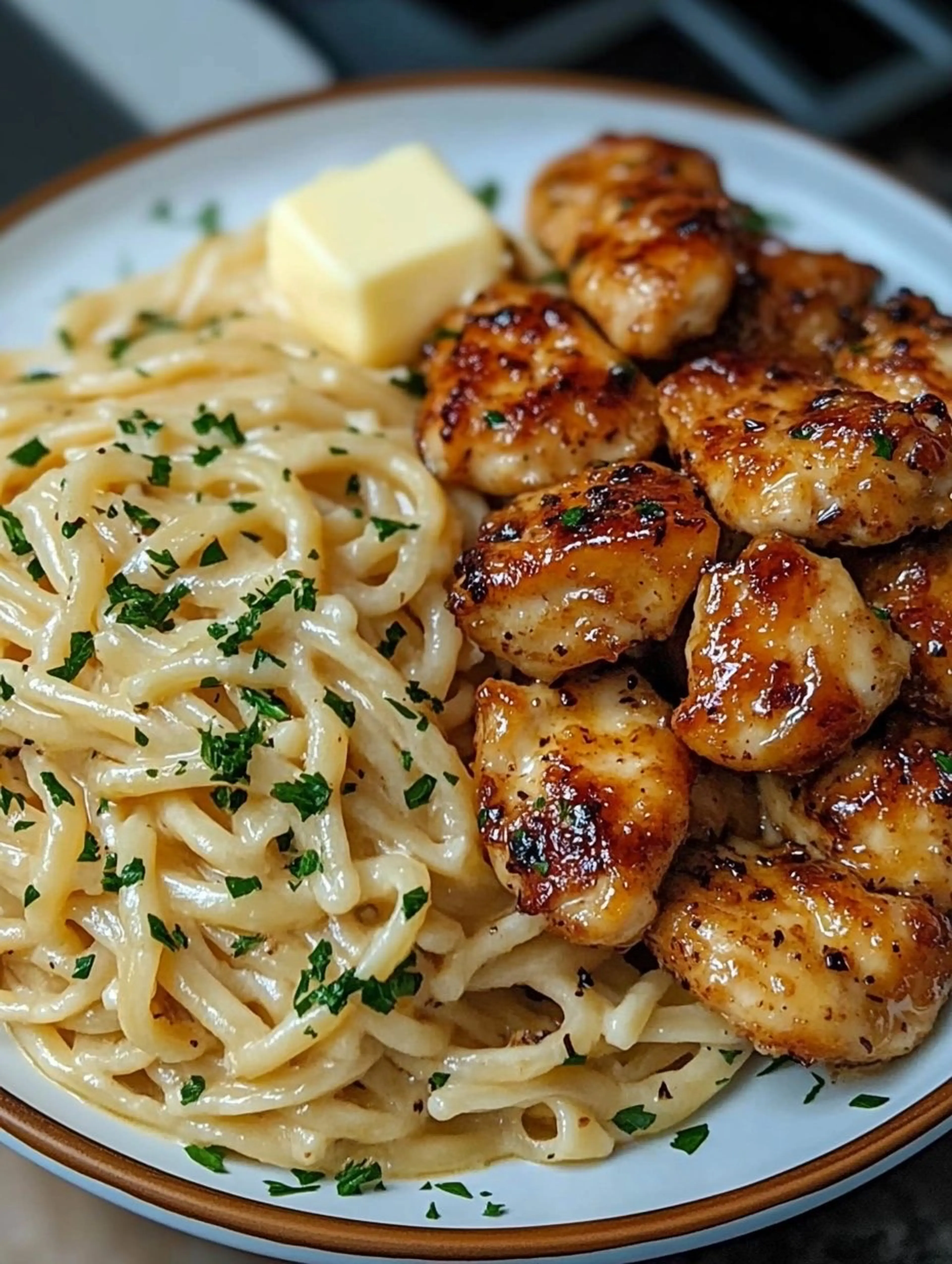 Lemon Garlic Butter Chicken Served with Creamy Parmesan Ling