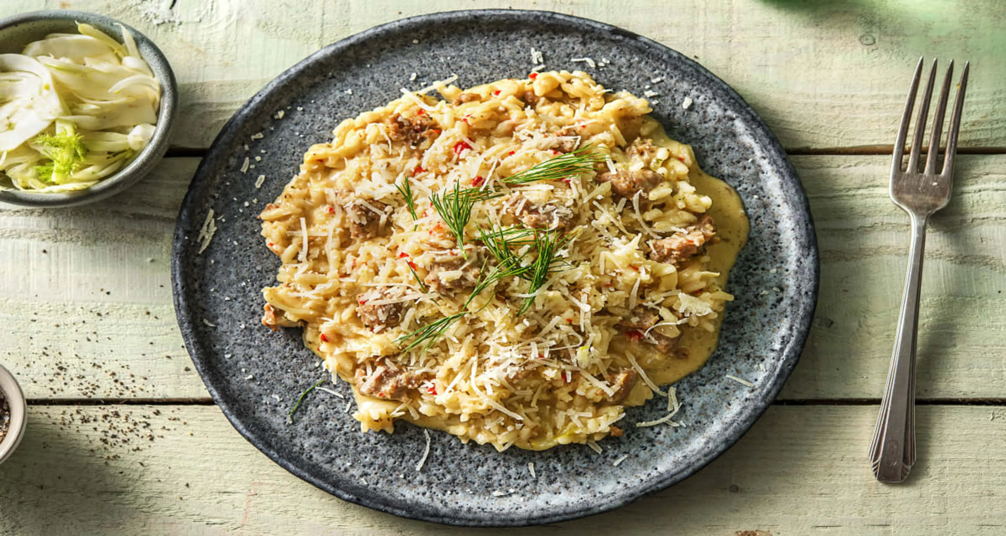 Risotto met venkel, gekruide varkensworst & mascarpone