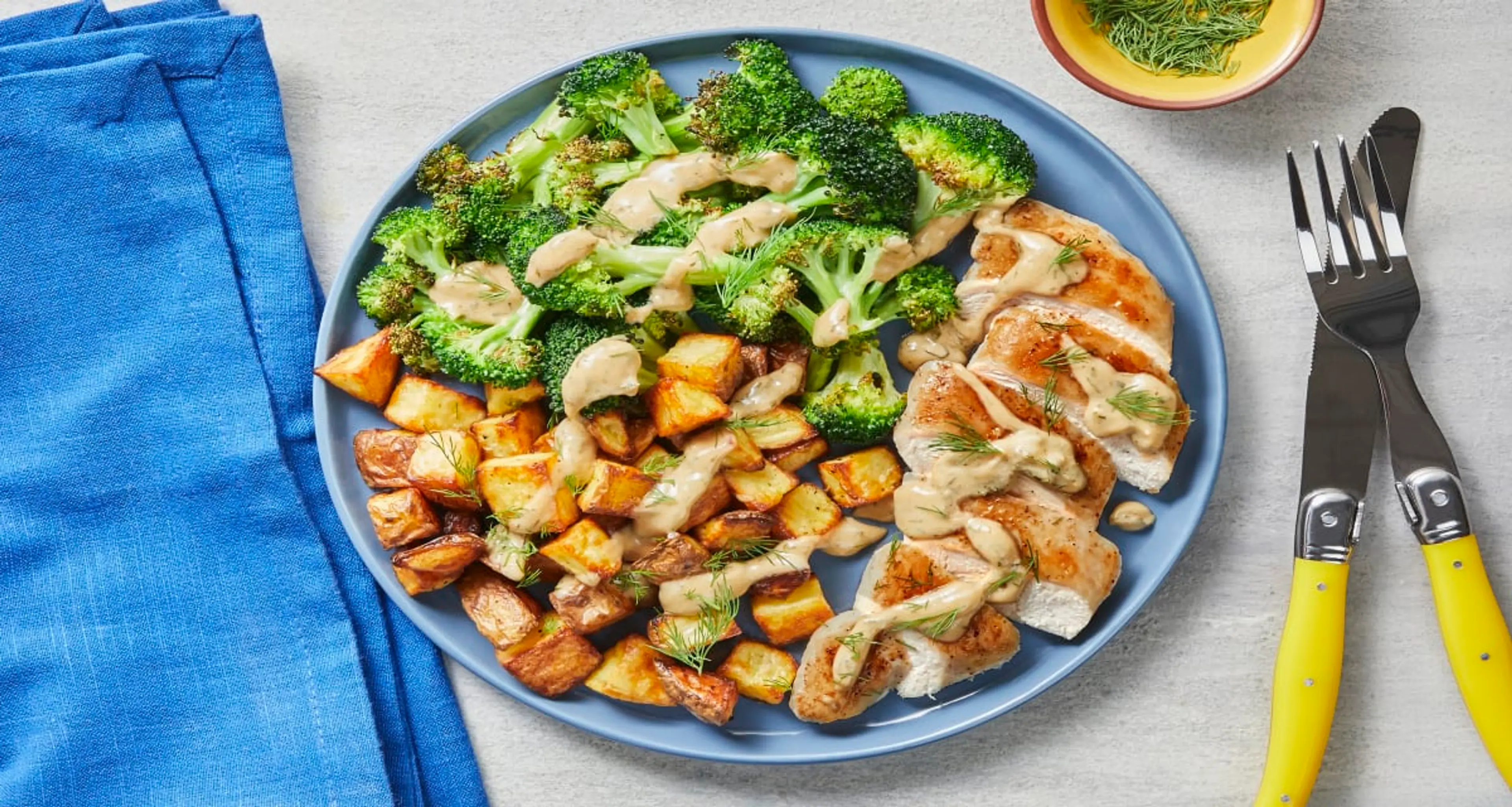 Creamy Dijon Dill Chicken with Roasted Potatoes & Broccoli