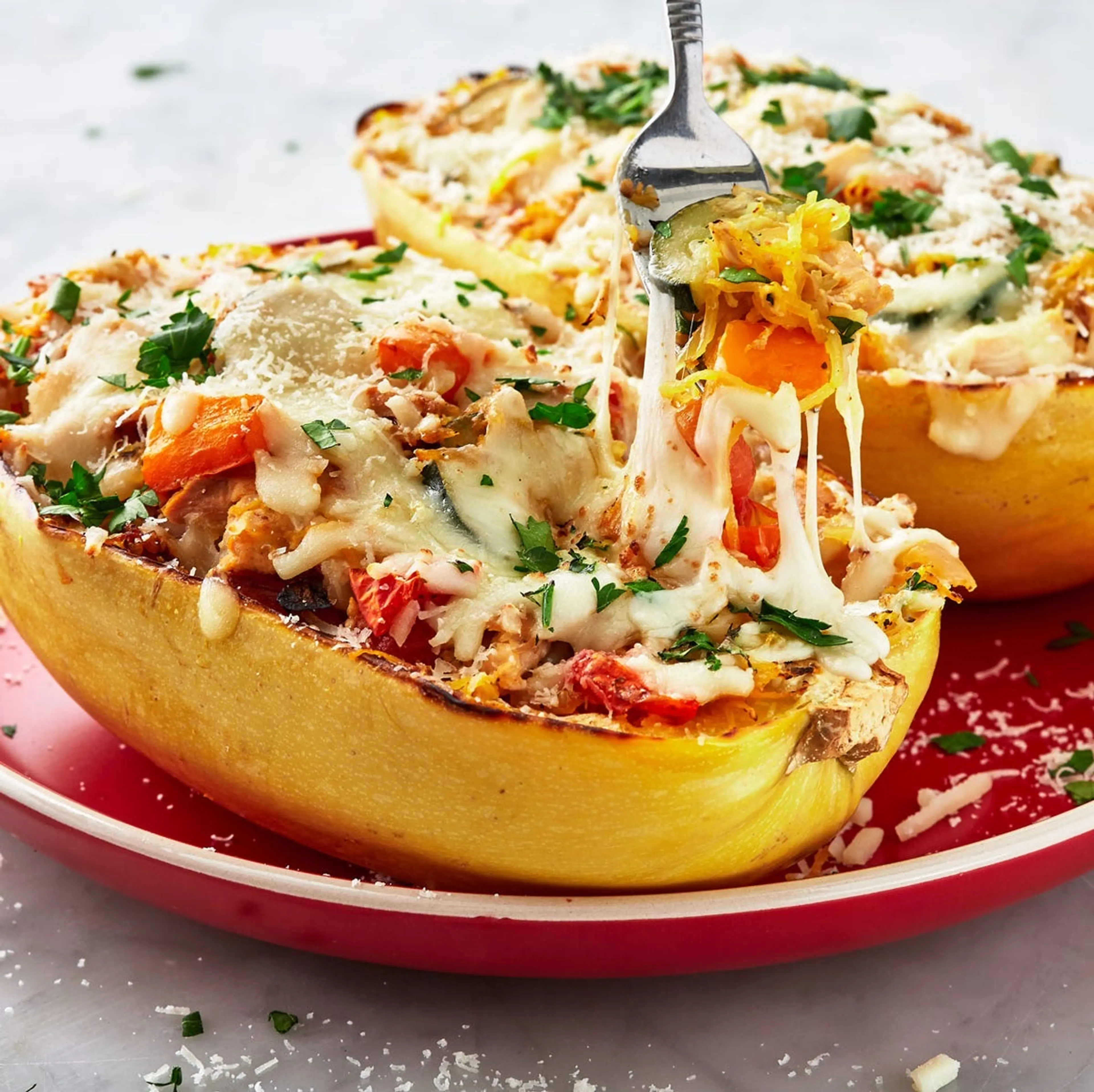Chicken Primavera Spaghetti Squash Boats