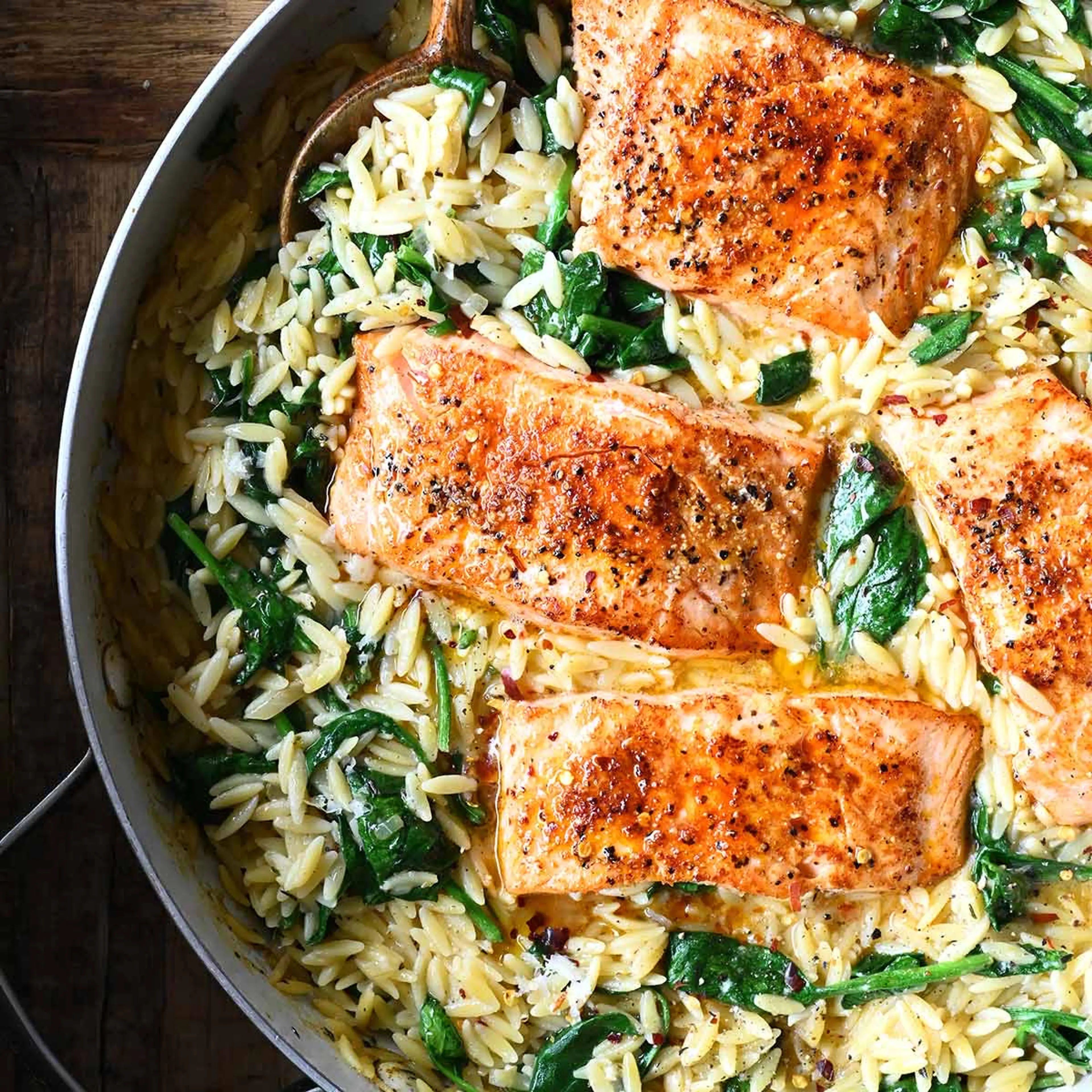 One Skillet Salmon with Lemon Orzo