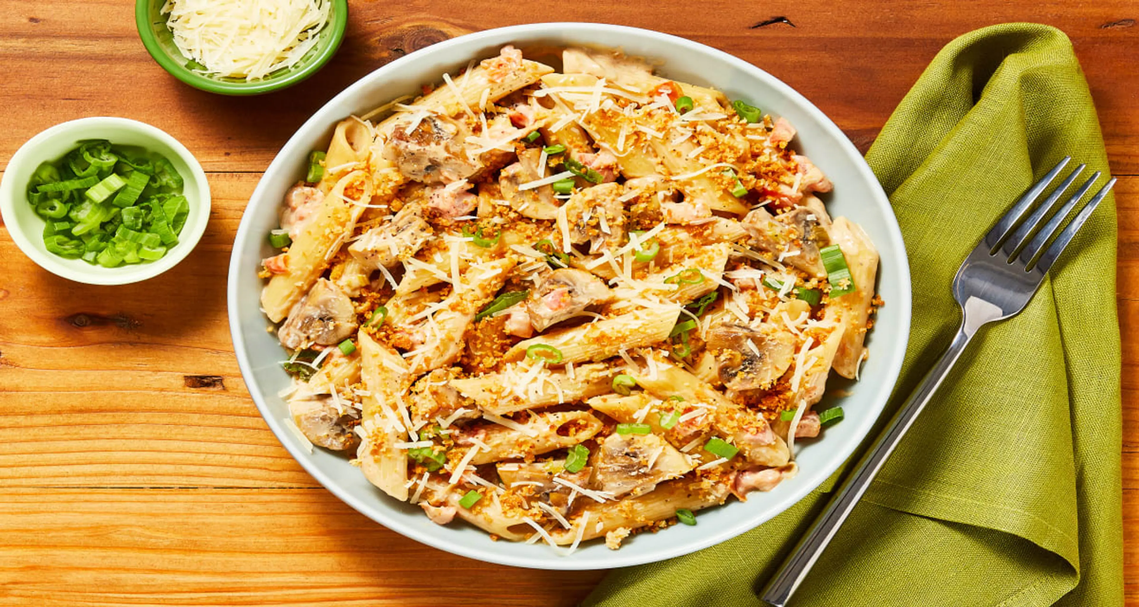 Triple Mushroom Truffle Penne with Garlicky Panko & Parmesan