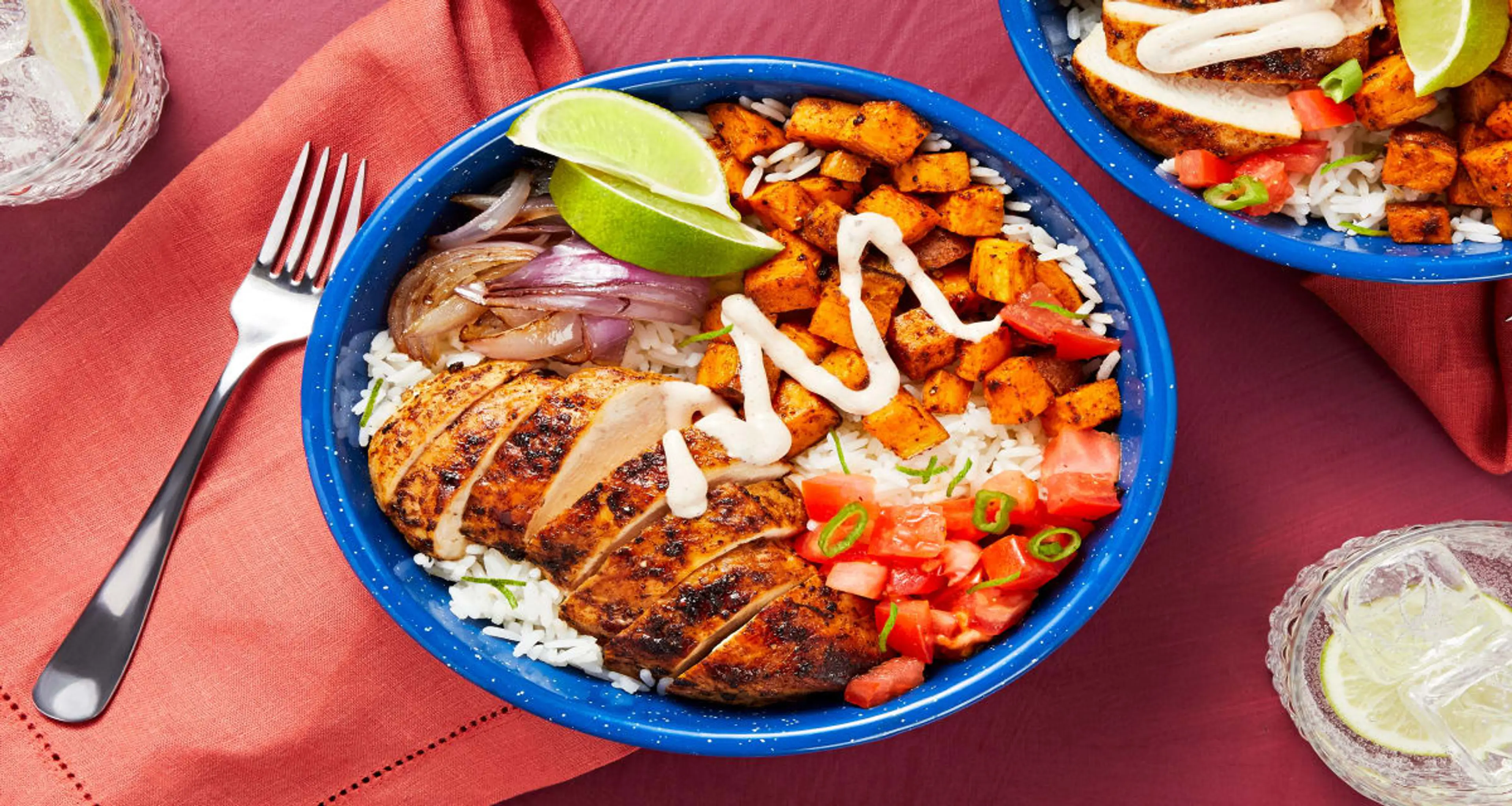 Chipotle Chicken and Rice Bowl with Roasted Sweet Potatoes a
