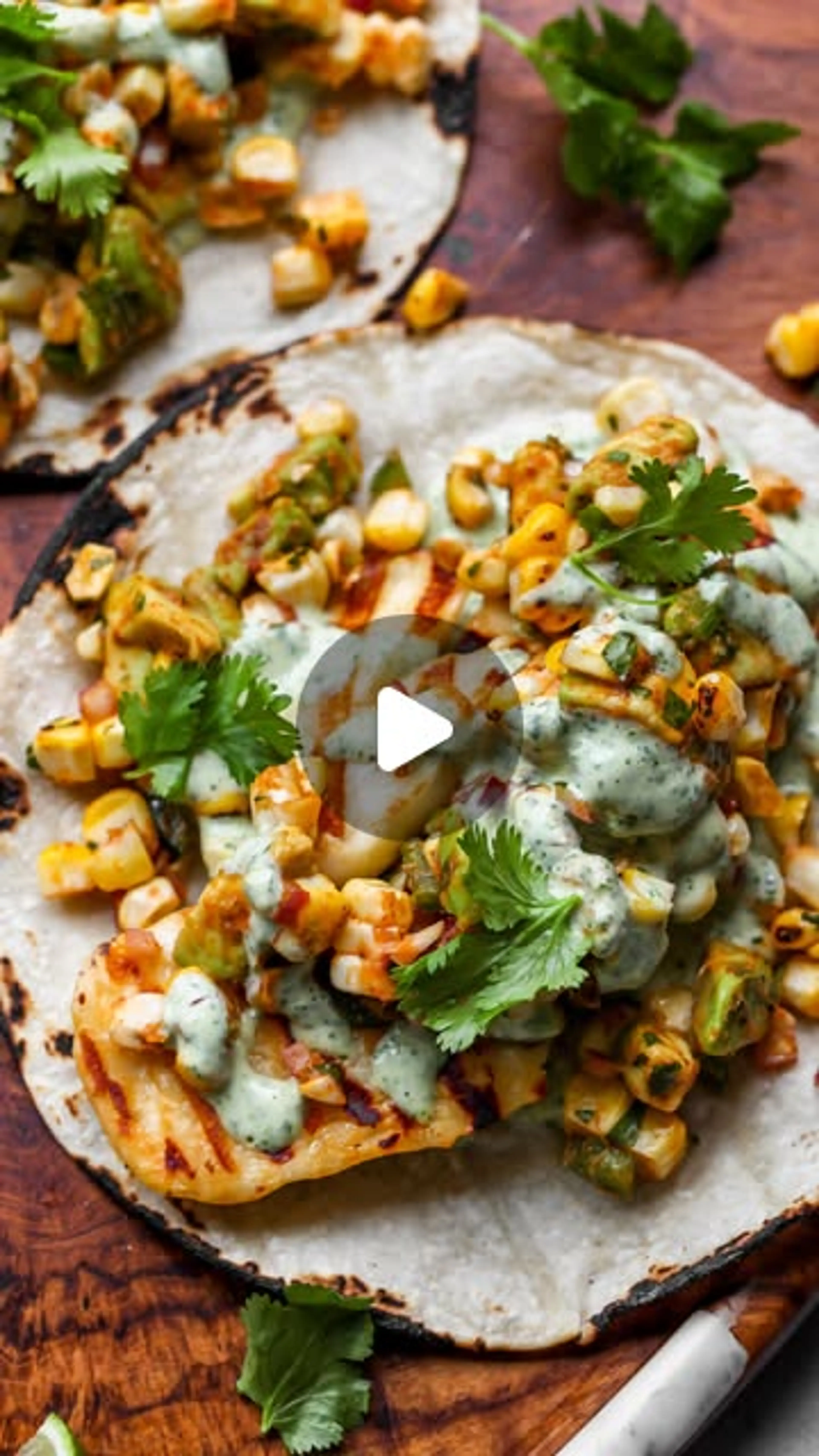 Halloumi Tacos with Zesty Corn Salad and Creamy Cilantro Sau