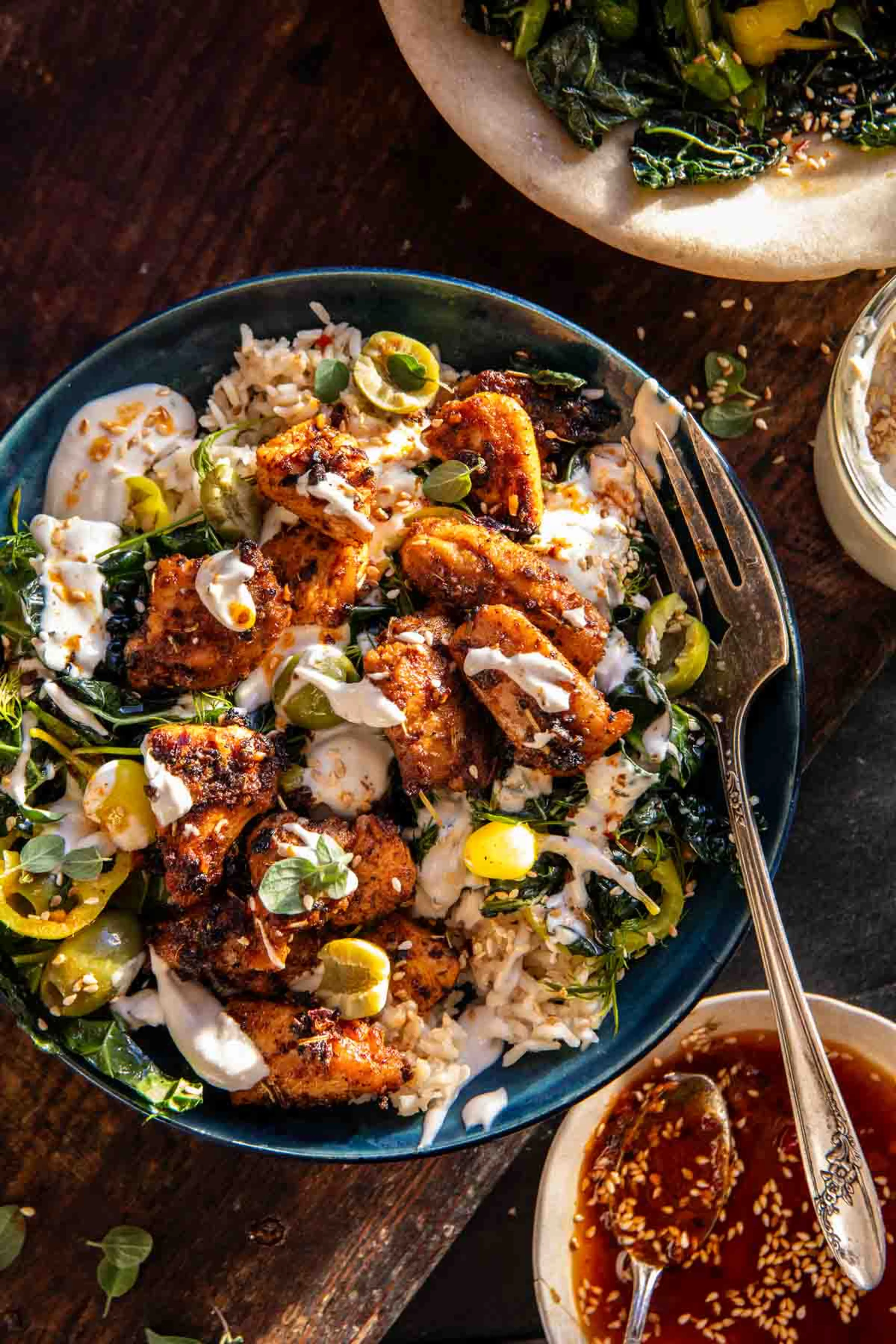 Greek Chicken Bowls with Creamy Tahini Feta Sauce
