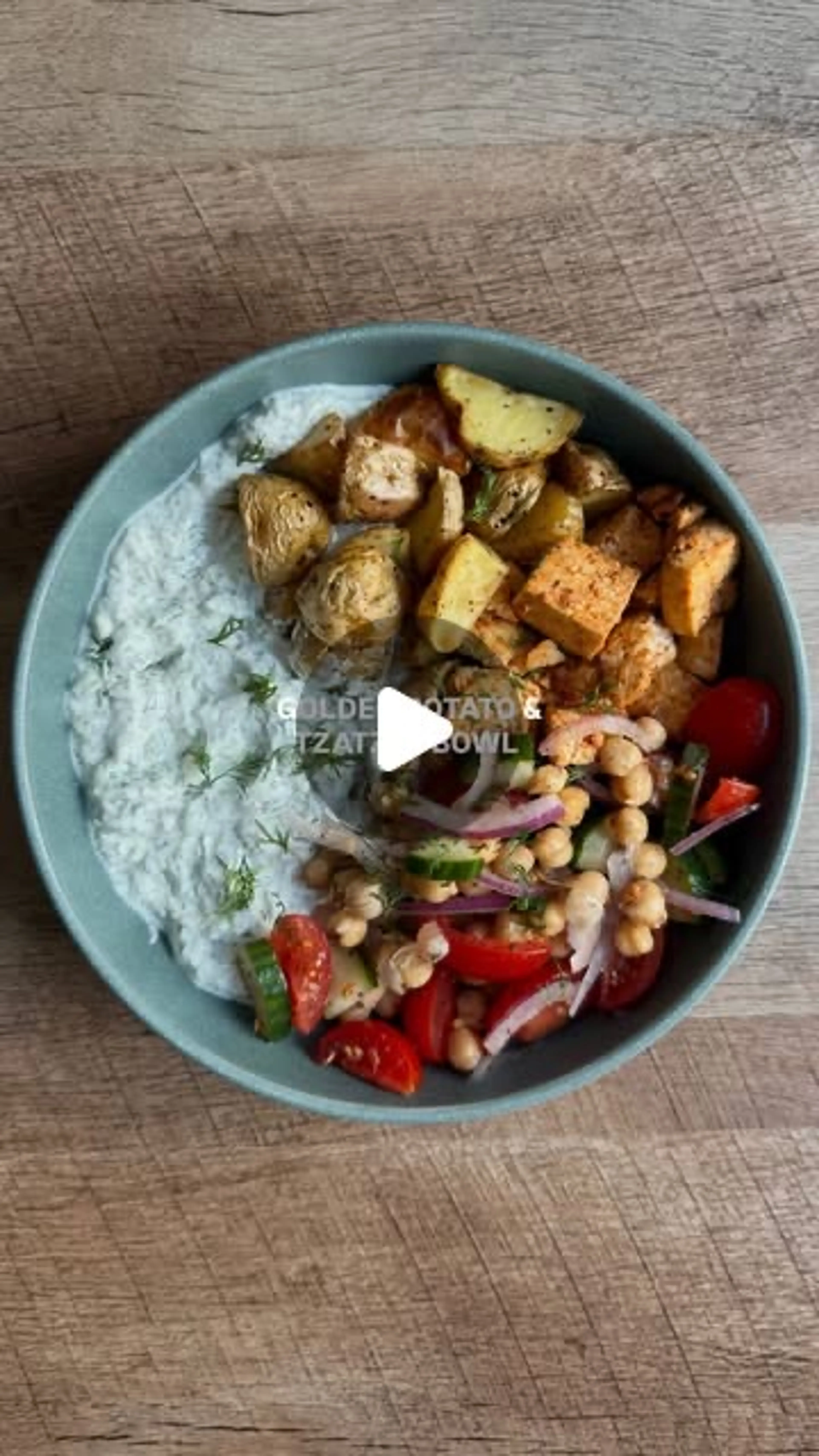 Tzatziki, Potatoes, Roasted Tofu, Chickpea Salad
