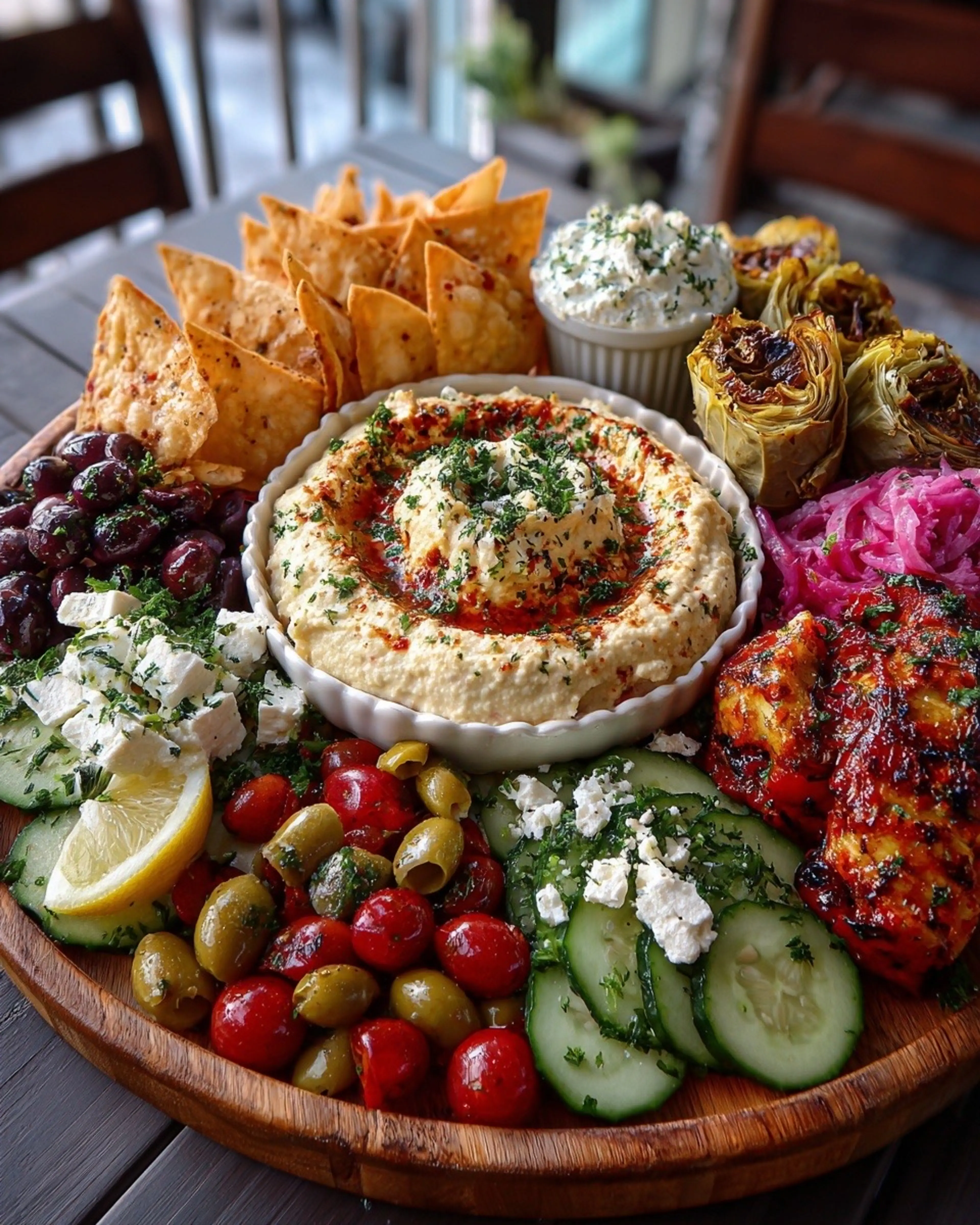 Greek Appetizer Board with Hummus and Pita Chips