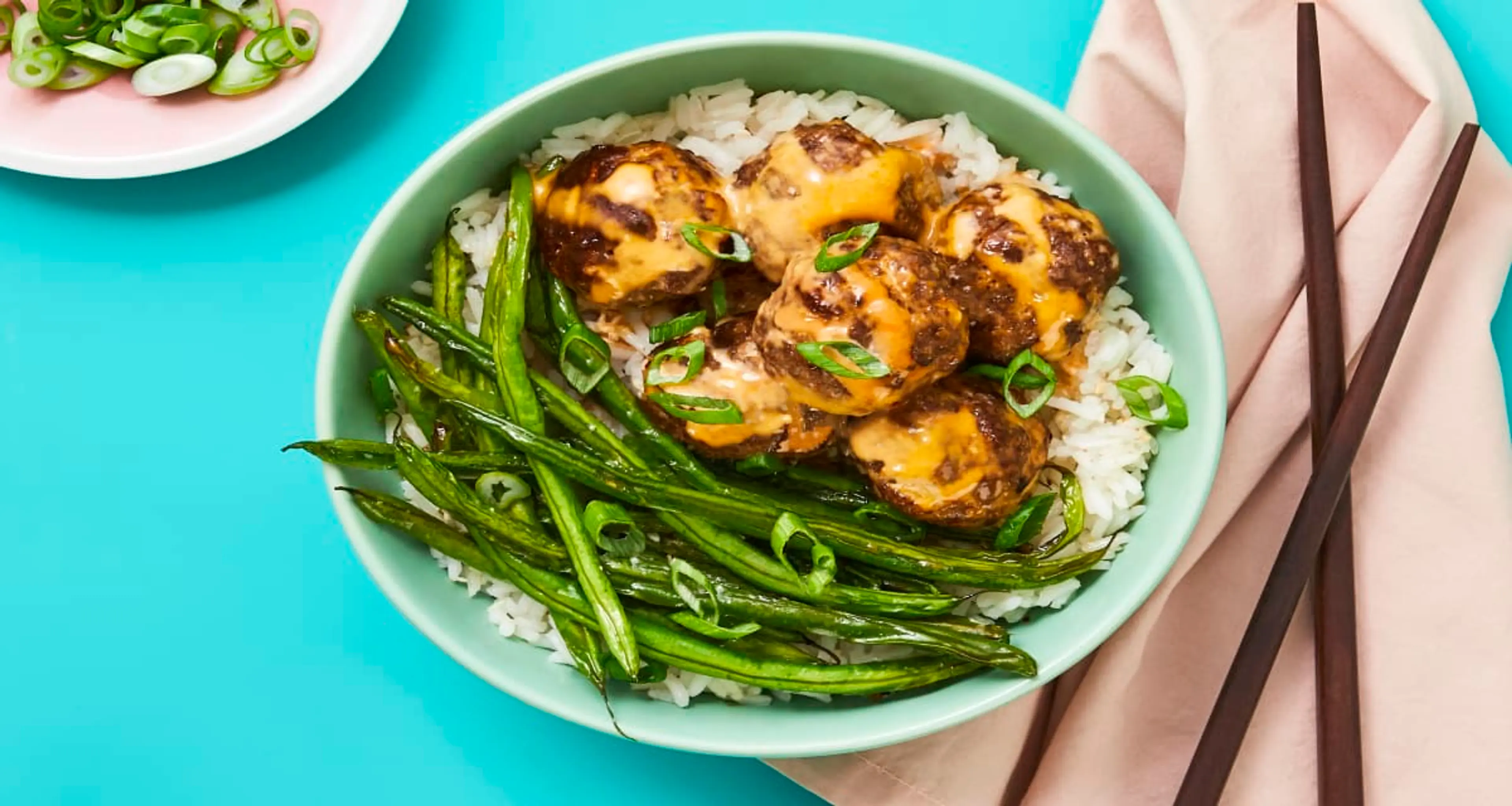 Firecracker Meatballs with Roasted Green Beans & Jasmine Ric