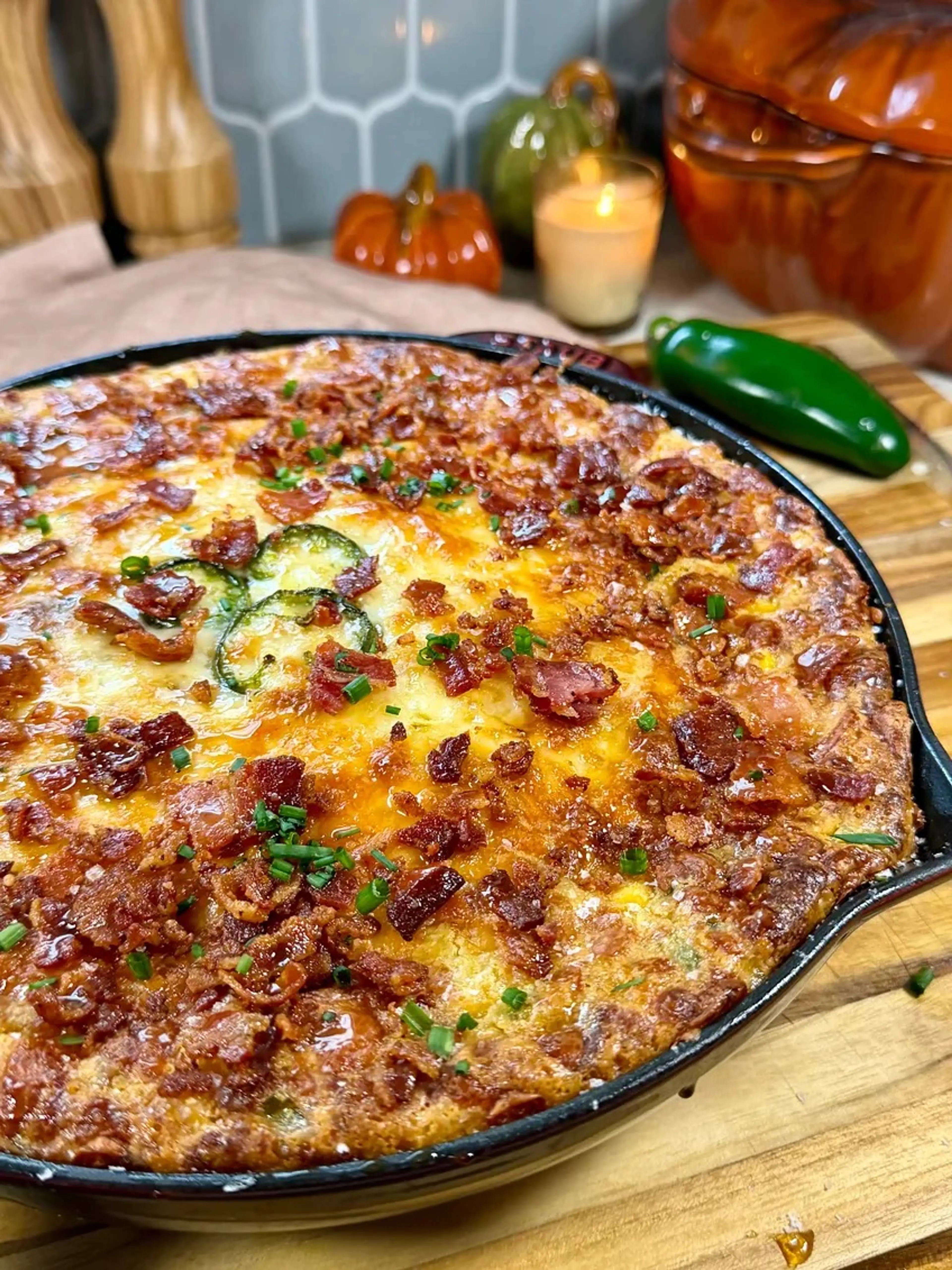Jalapeño, Pepper Jack, and Bacon Corn Pudding