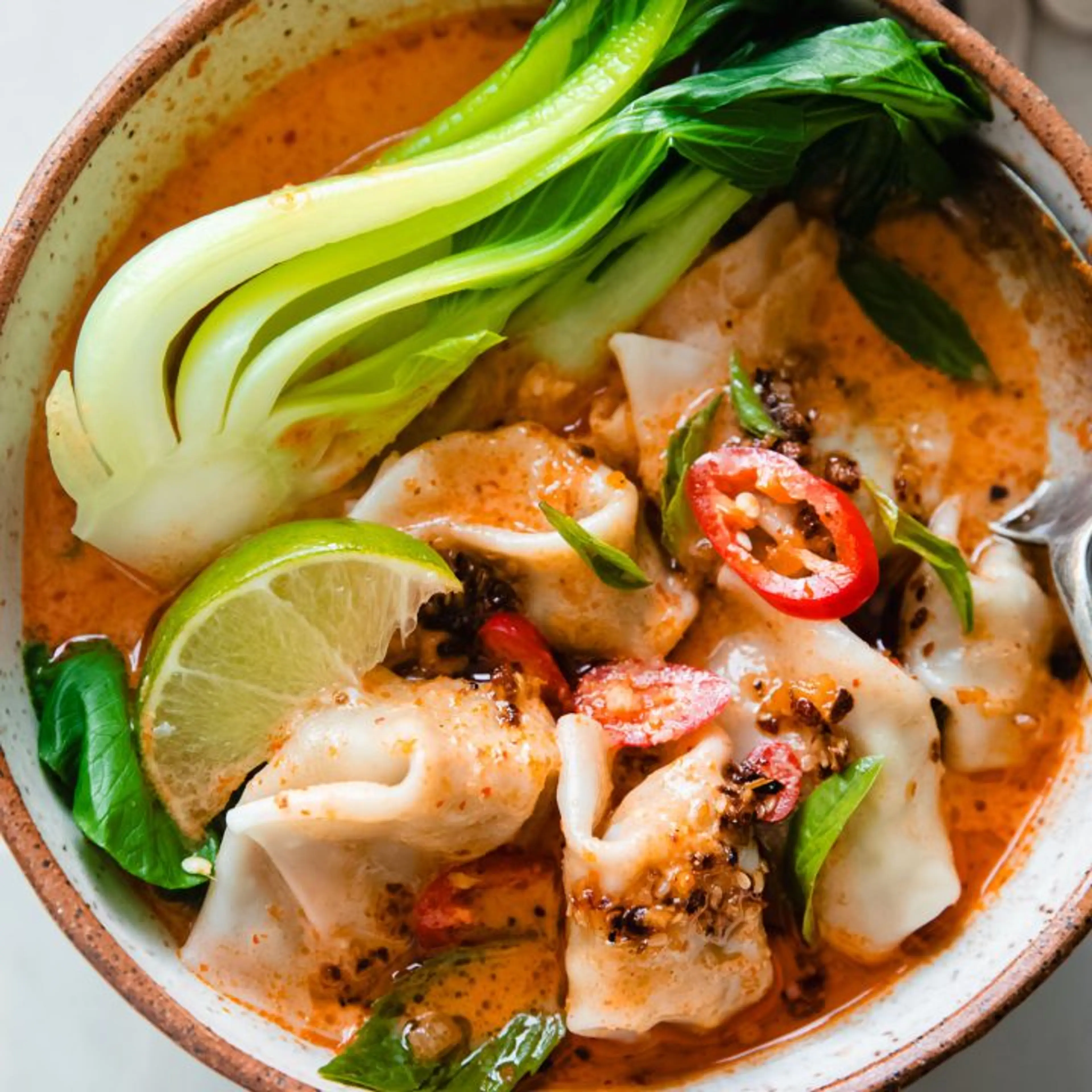 Red Curry Wonton Soup with Greens