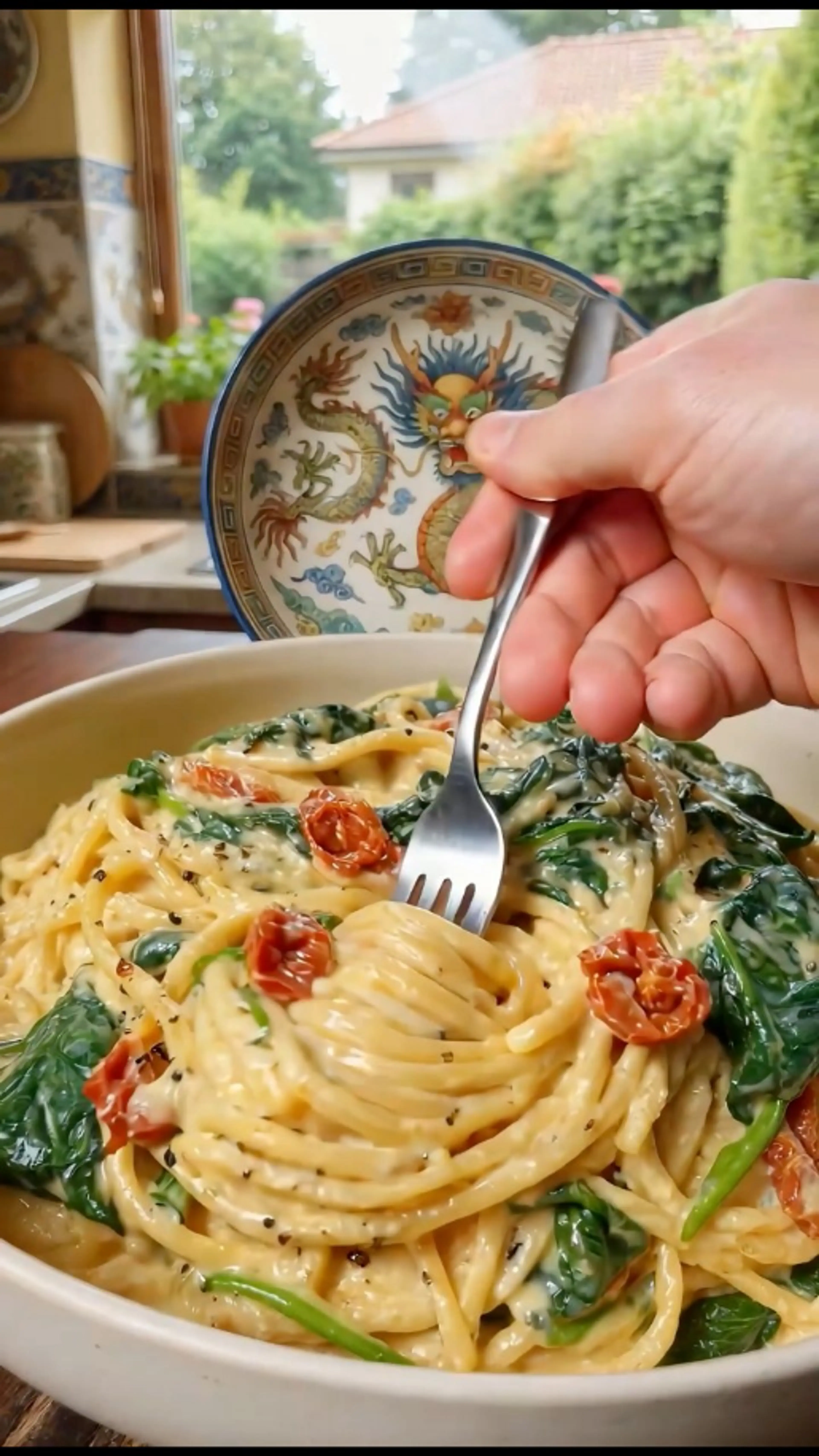 Spaghetti & Spinach with Sun-dried Tomato Cream Sauce
