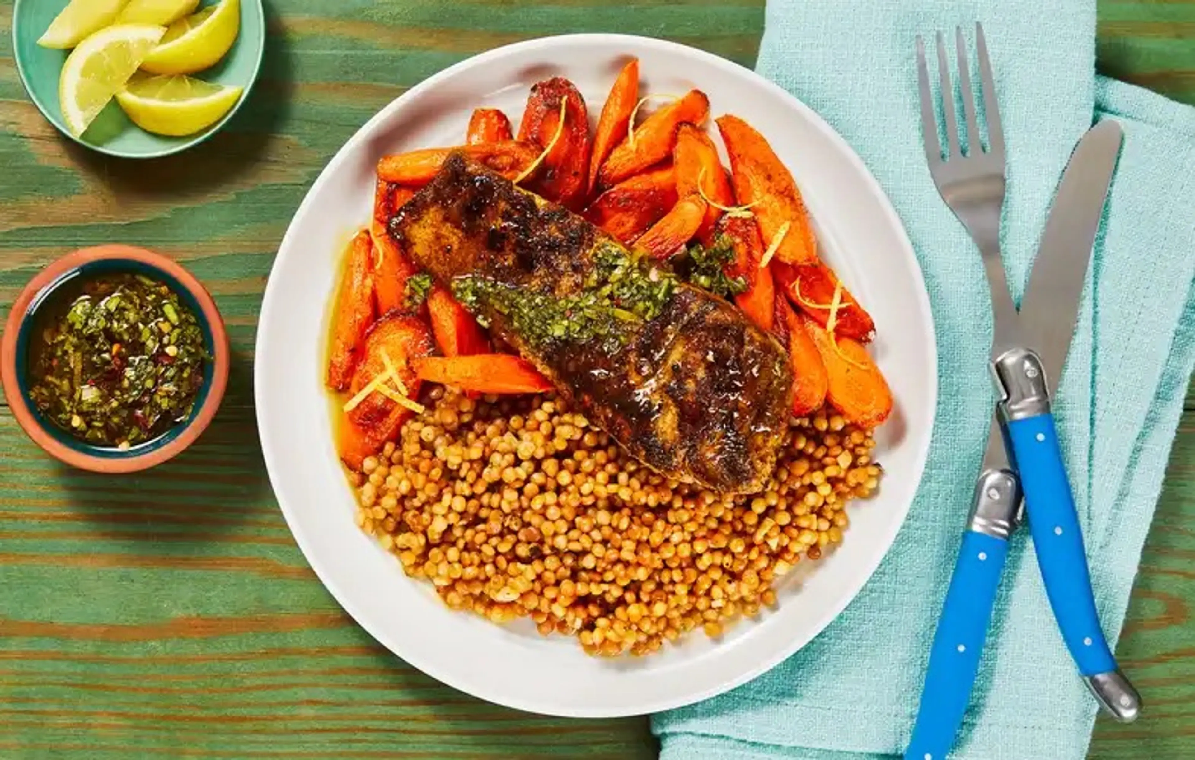 Barramundi with Zesty Cilantro Sauce with Lemony Carrots & G