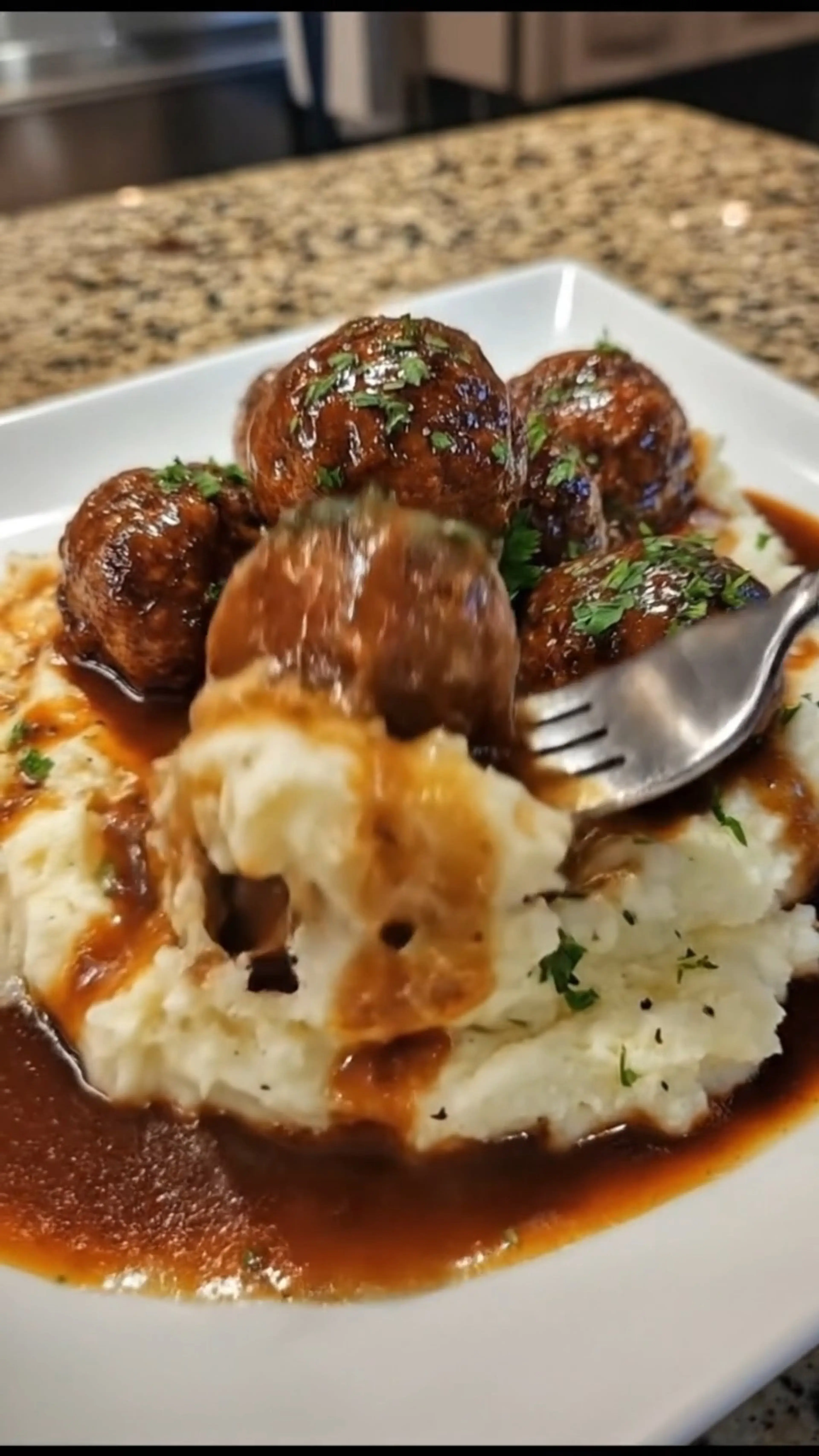 Crockpot Salisbury Steak Meatballs in Garlic Herb Mashed Pot