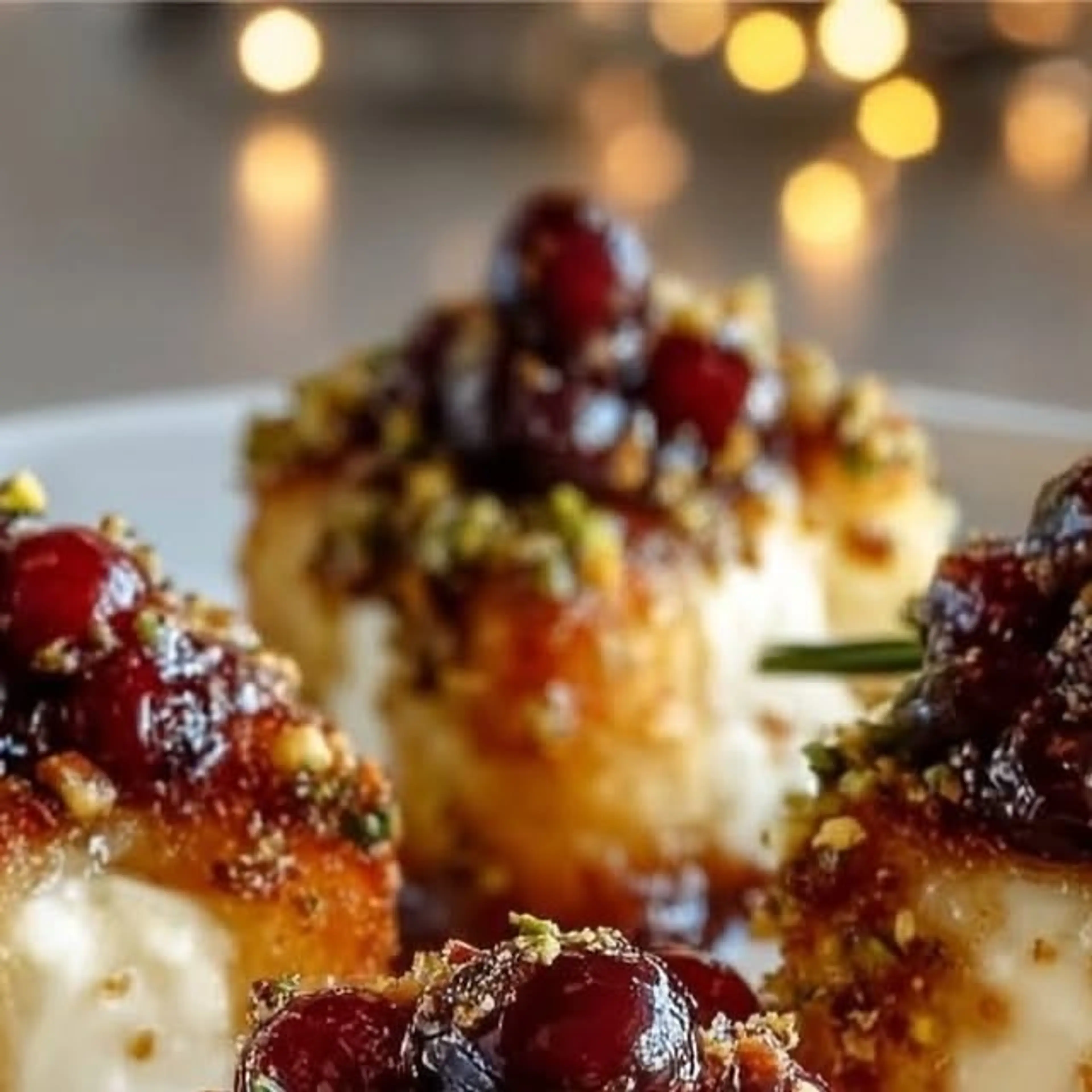 Pistachio-crusted Brie Bites with Cranberry Honey Glaze