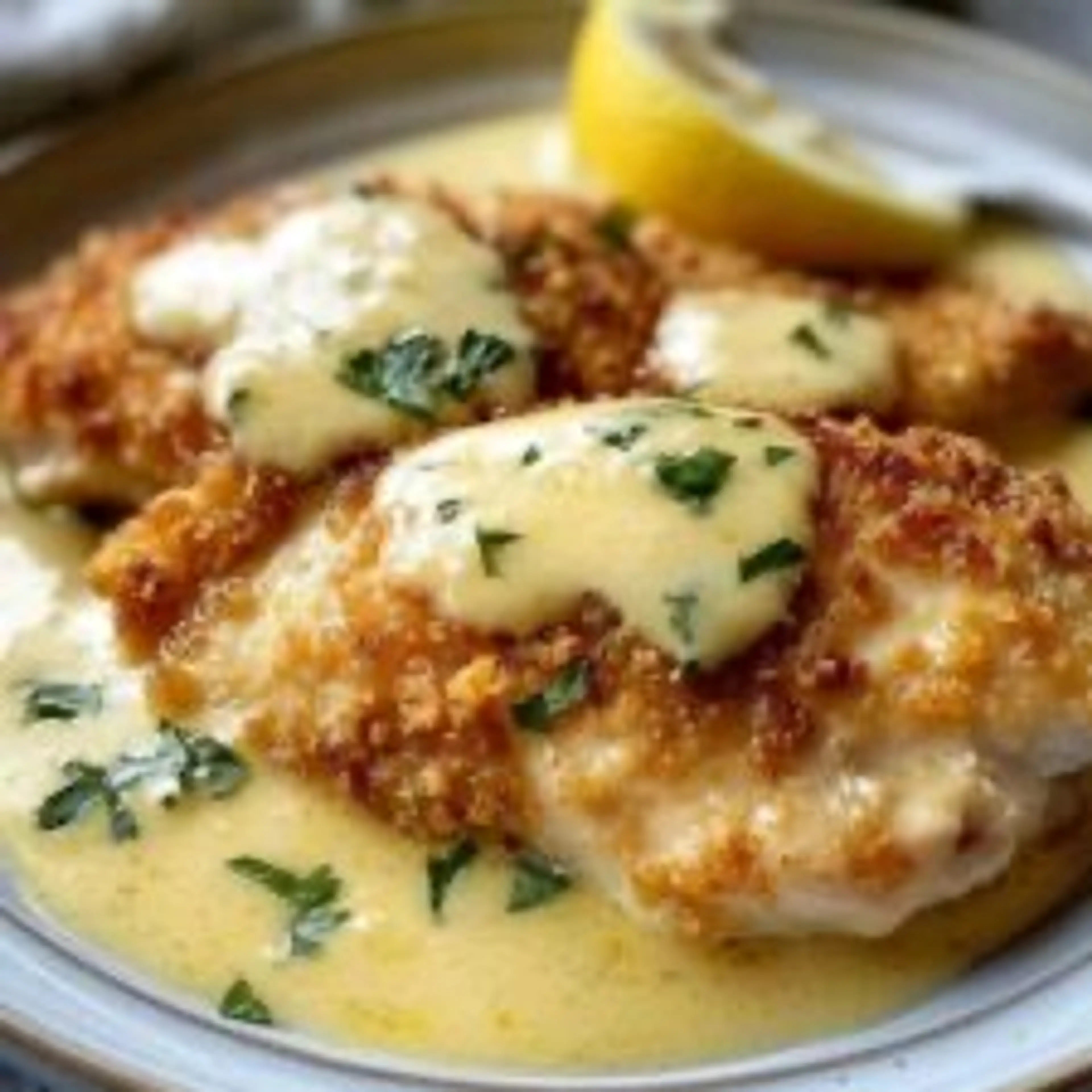 Lemon Pecorino Crusted Chicken with Creamy Lemon Sauce
