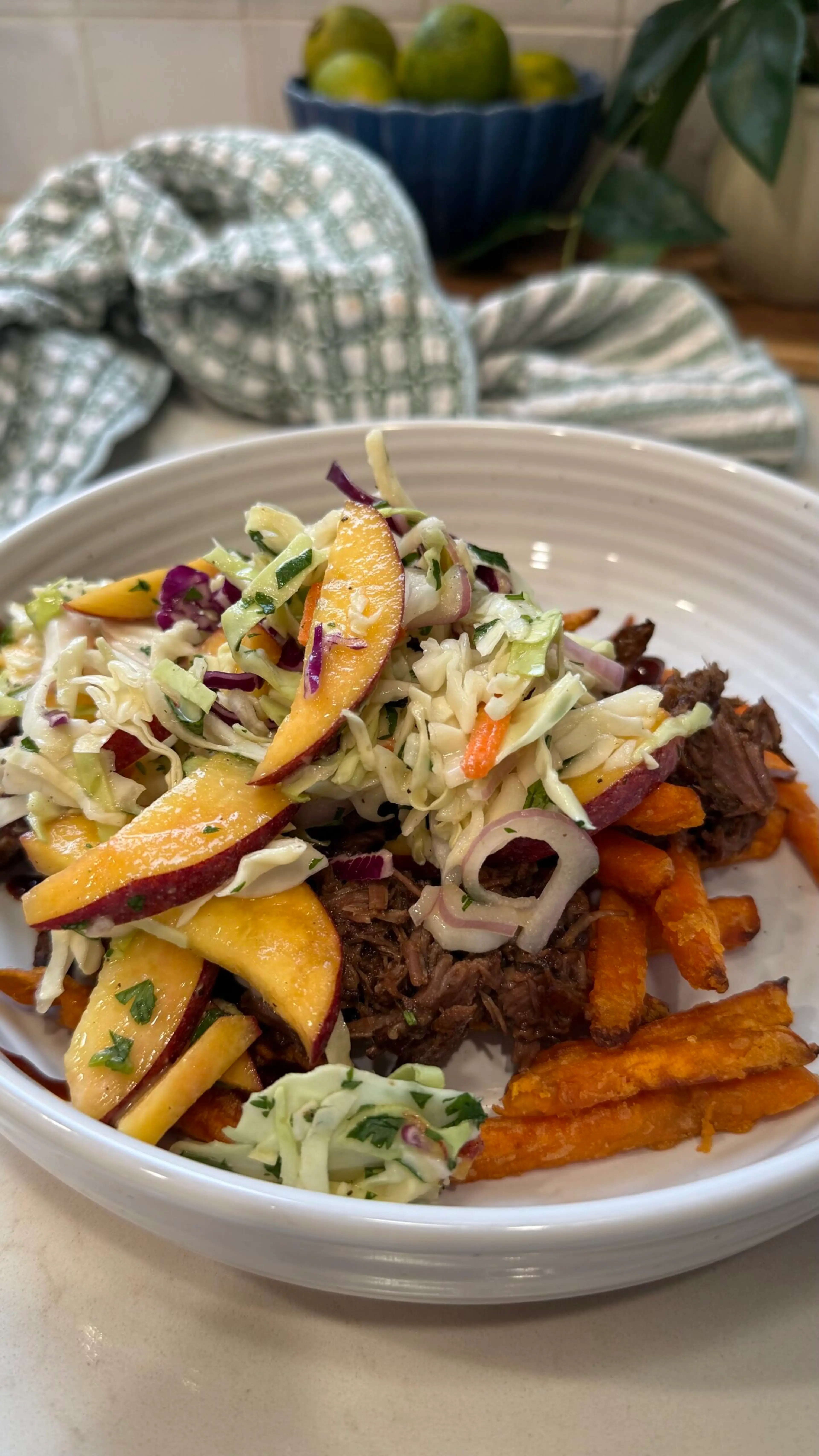 BBQ Shredded Beef Sweet Potato Bowl with Peach Coleslaw