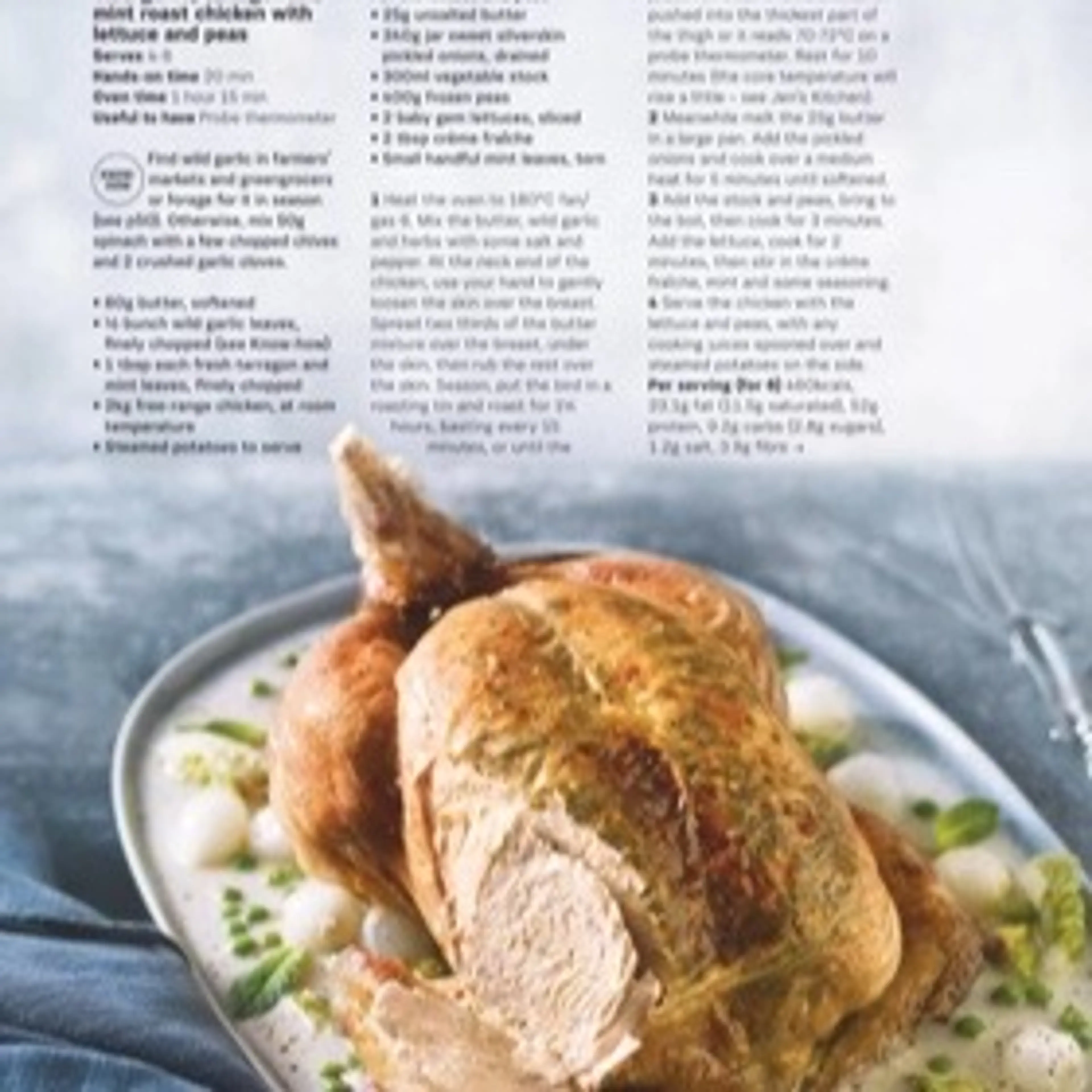 Wild garlic, tarragon and mint roast chicken with lettuce an