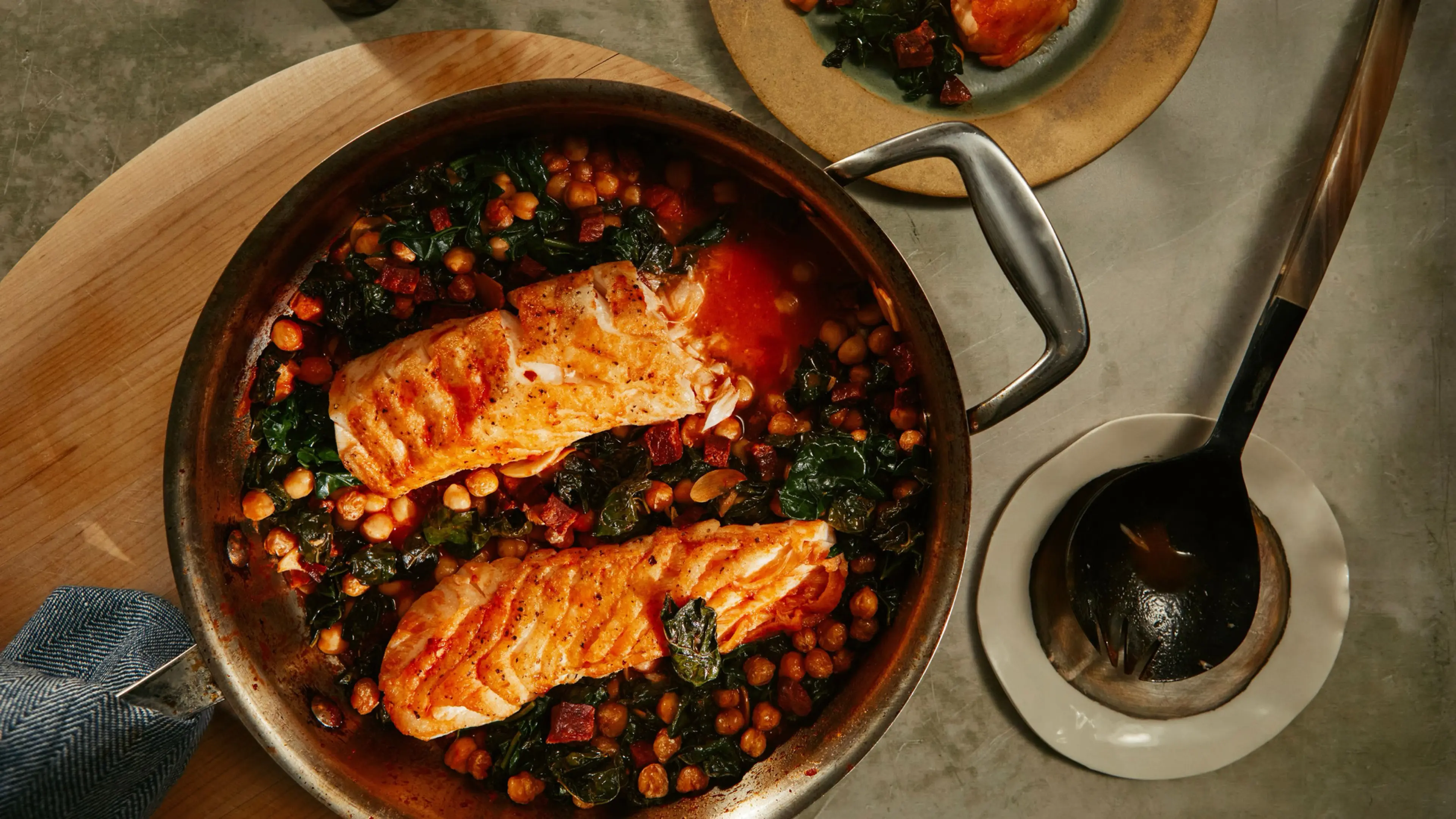 Cod With Chorizo, Greens, and Chickpeas