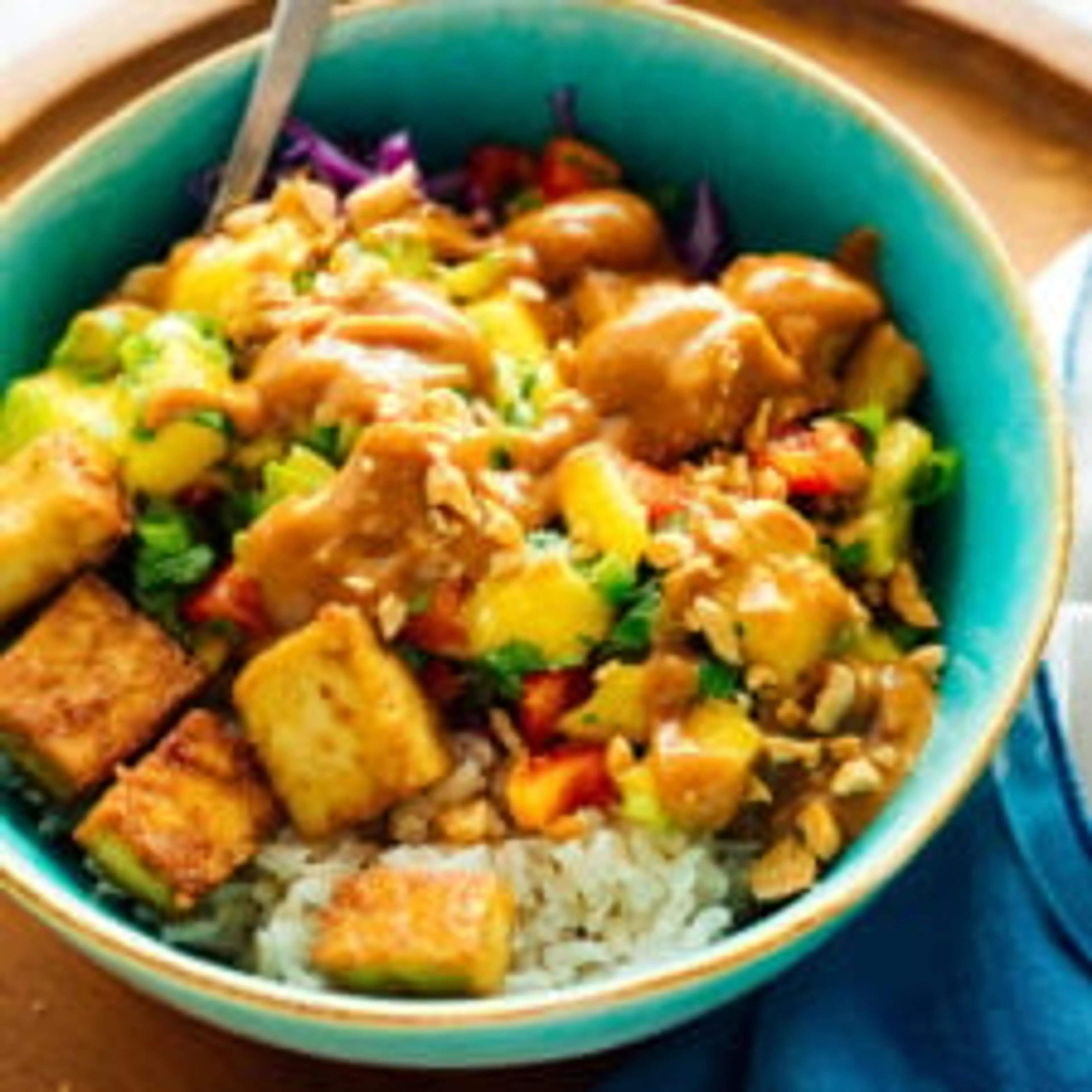 Mango Burrito Bowls with Crispy Tofu and Peanut Sauce