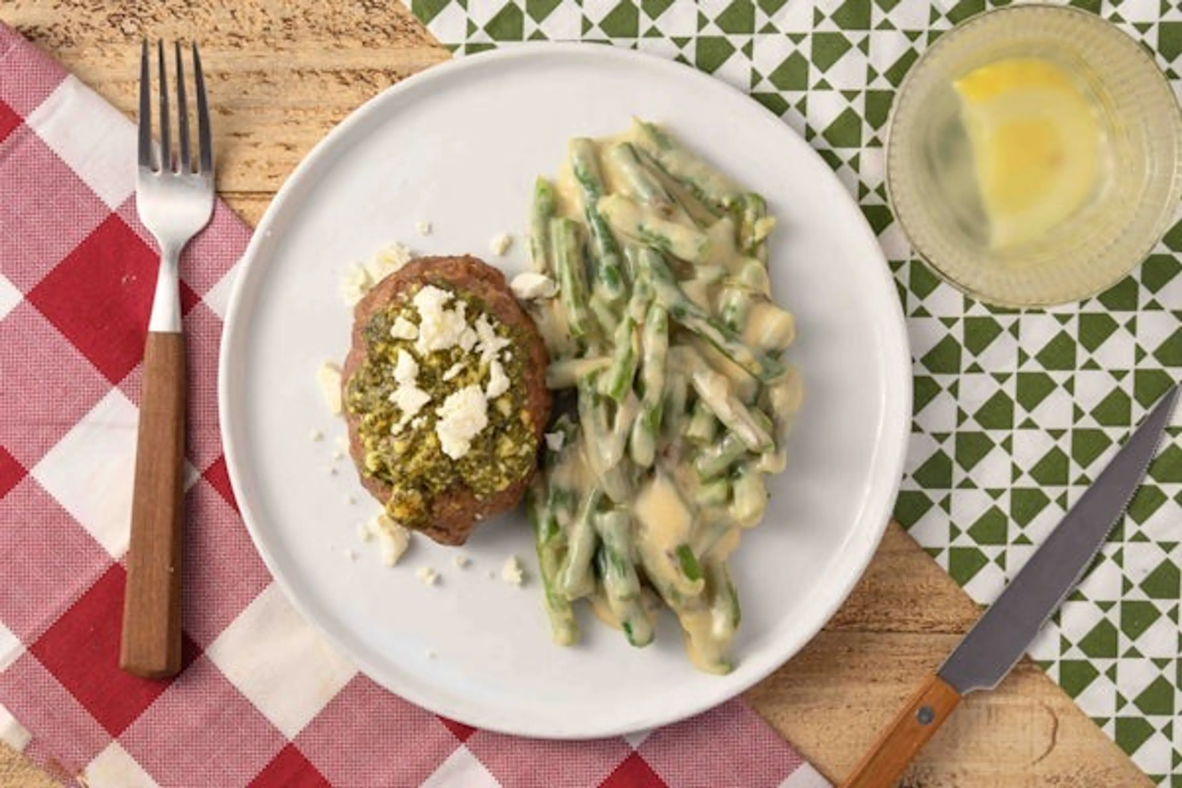 Pesto and Feta Turkey Meatloaf with cheesy green beans