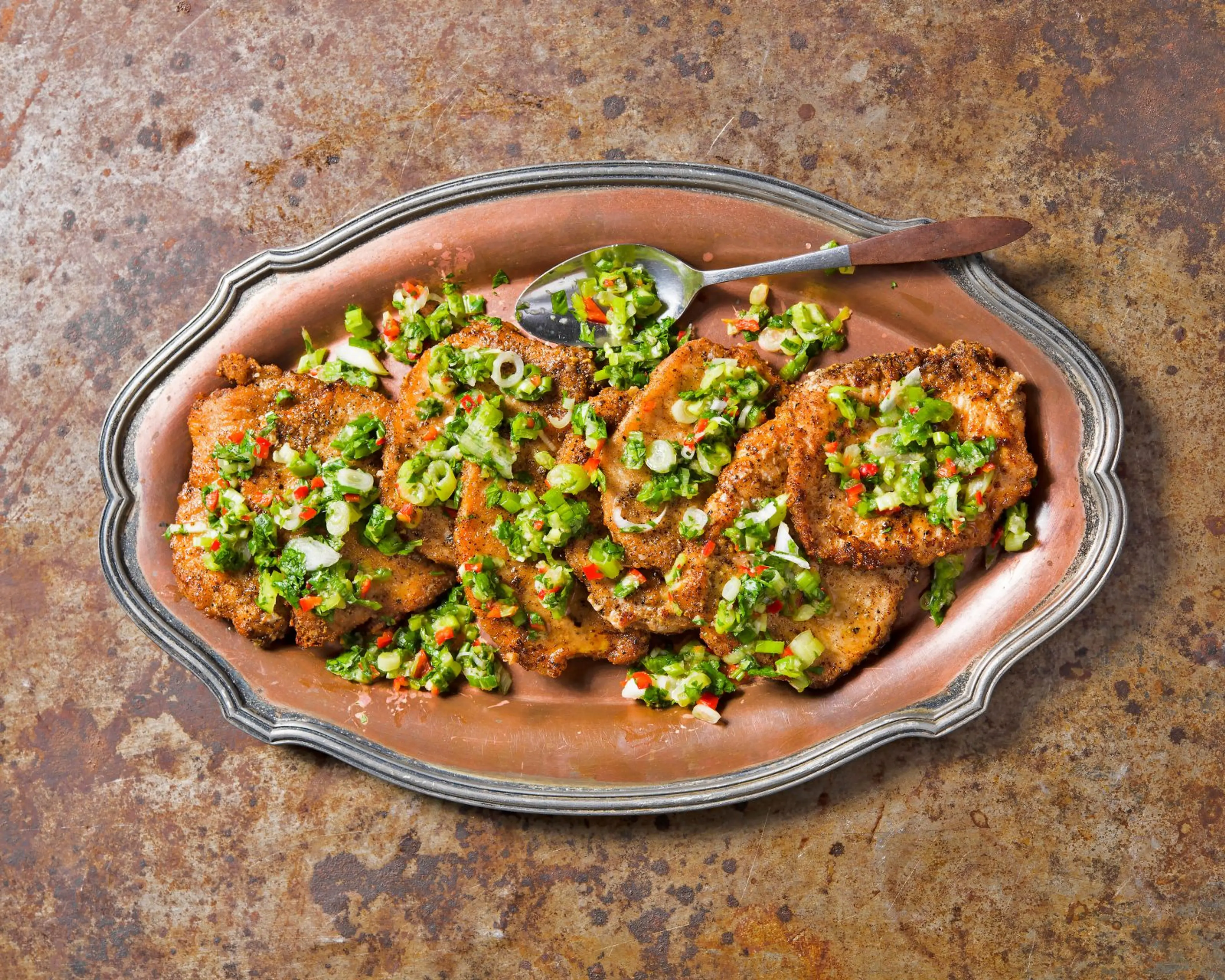 Salt and Pepper Pork Chops with Spicy Scallions