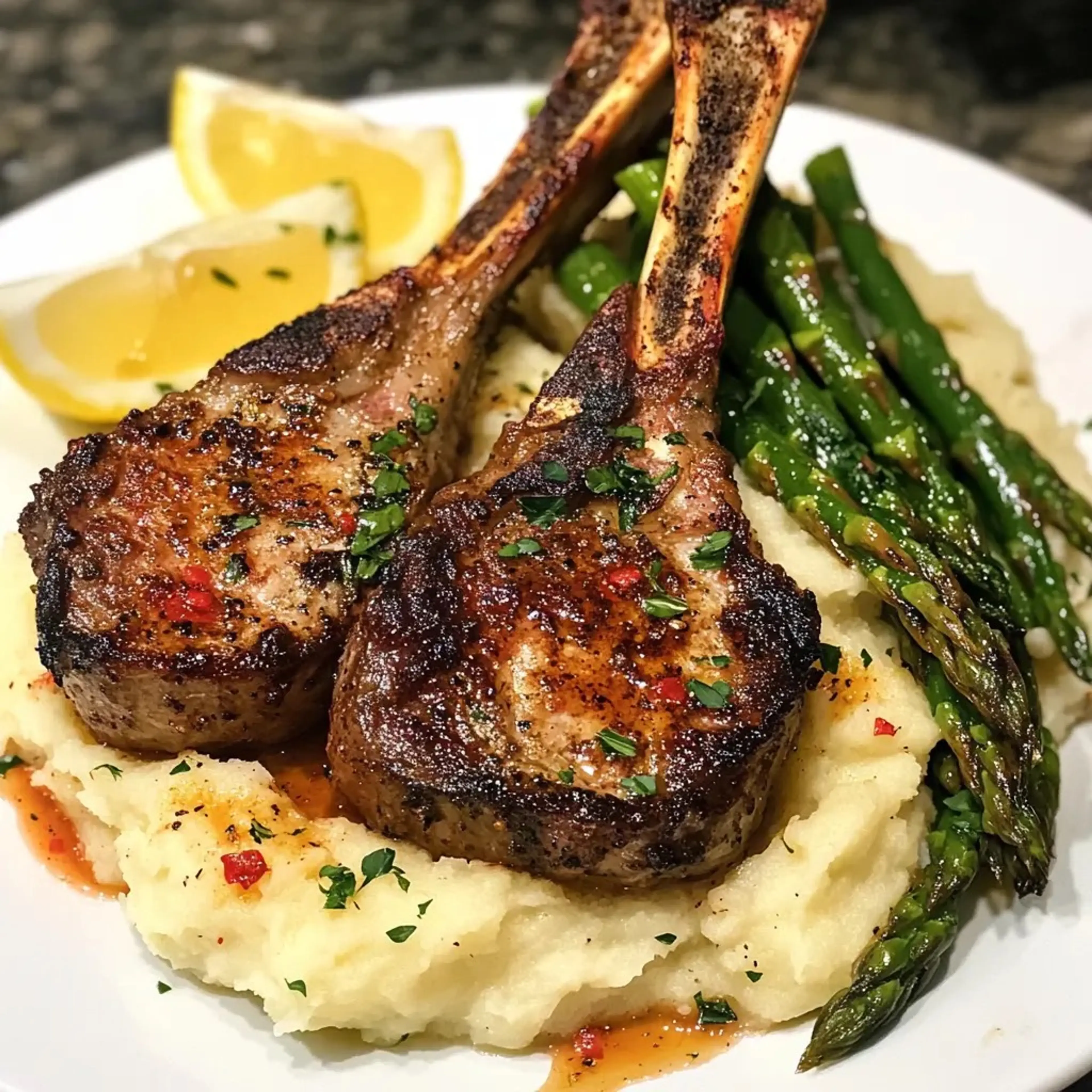 Rack of Lamb with Mashed Potatoes and Grilled Asparagus