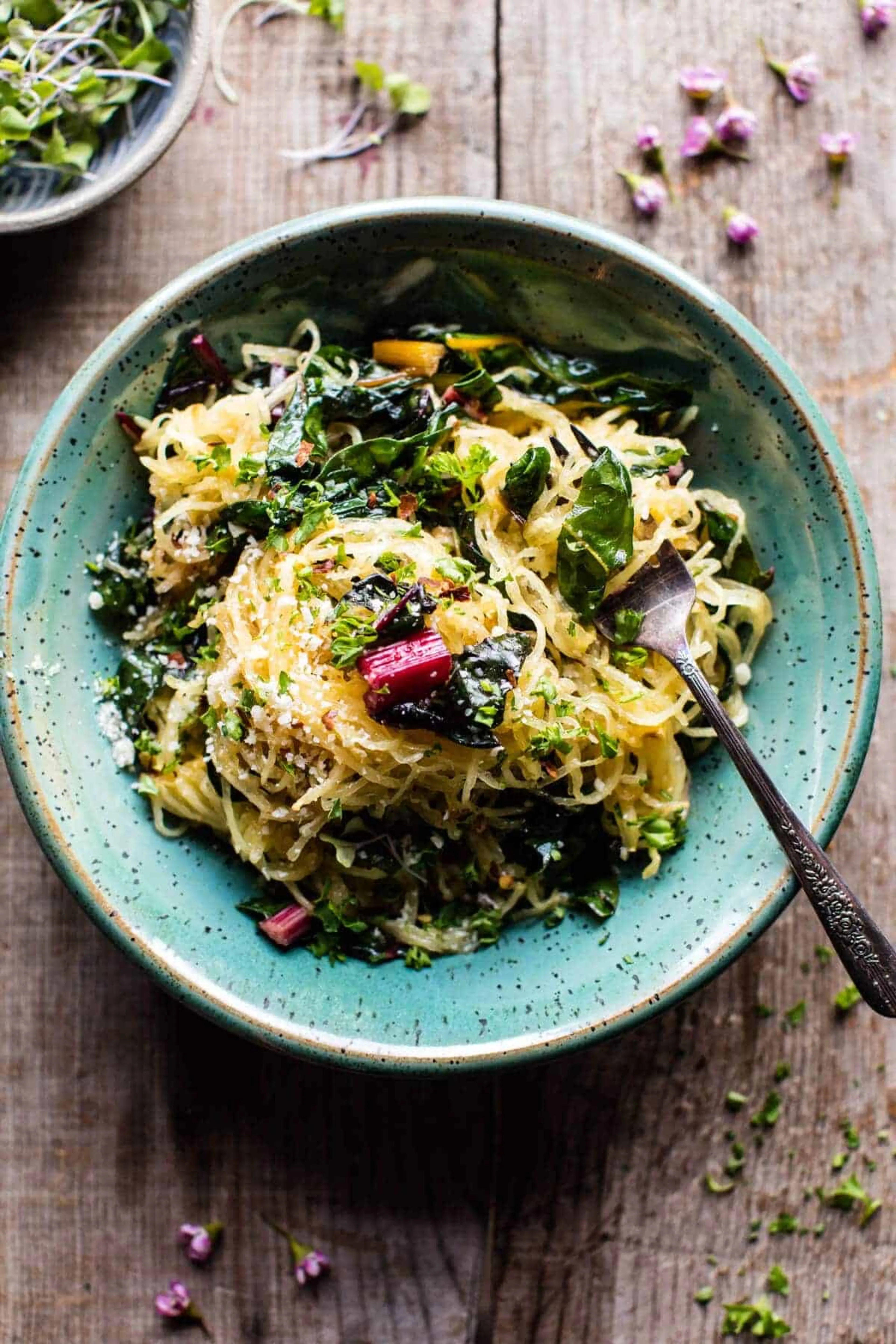 Spaghetti Squash Aglio E Olio with Rainbow Chard.