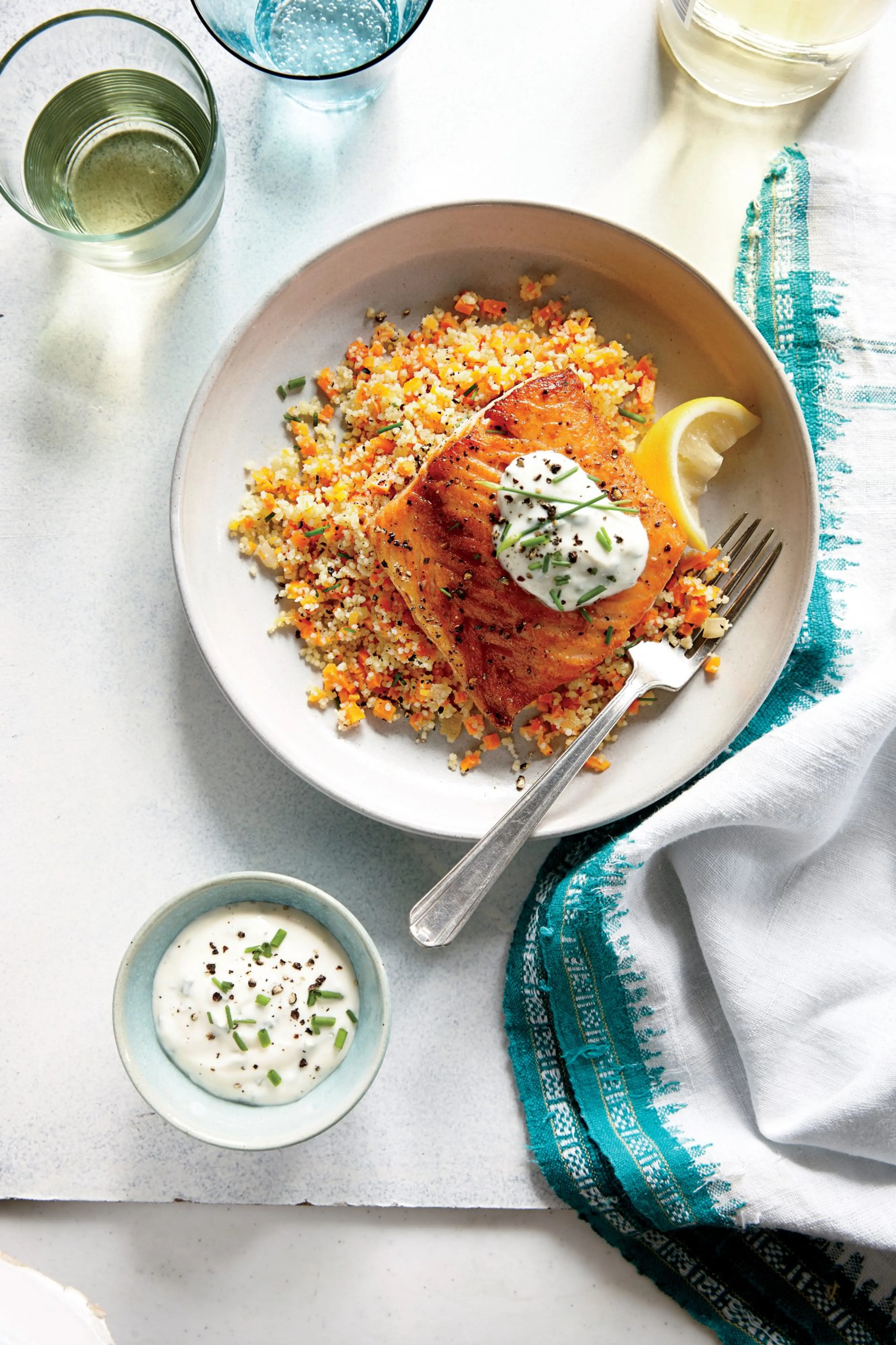 Lemony Roasted Salmon with White Wine Couscous