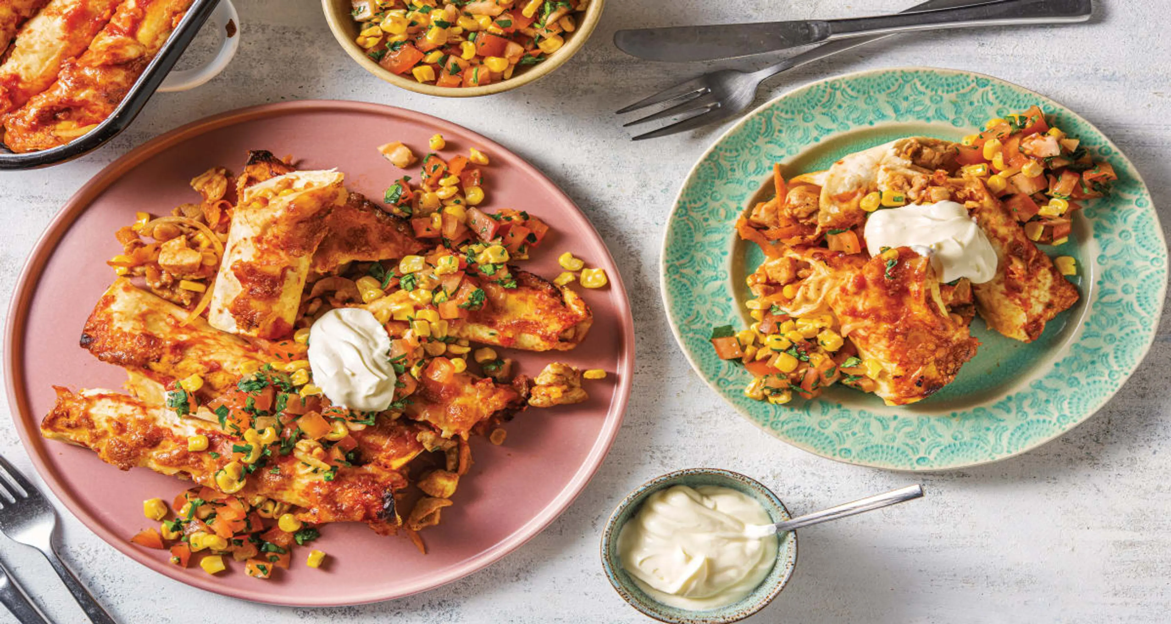 Chicken & Charred Corn Enchiladas with Tomato Salsa