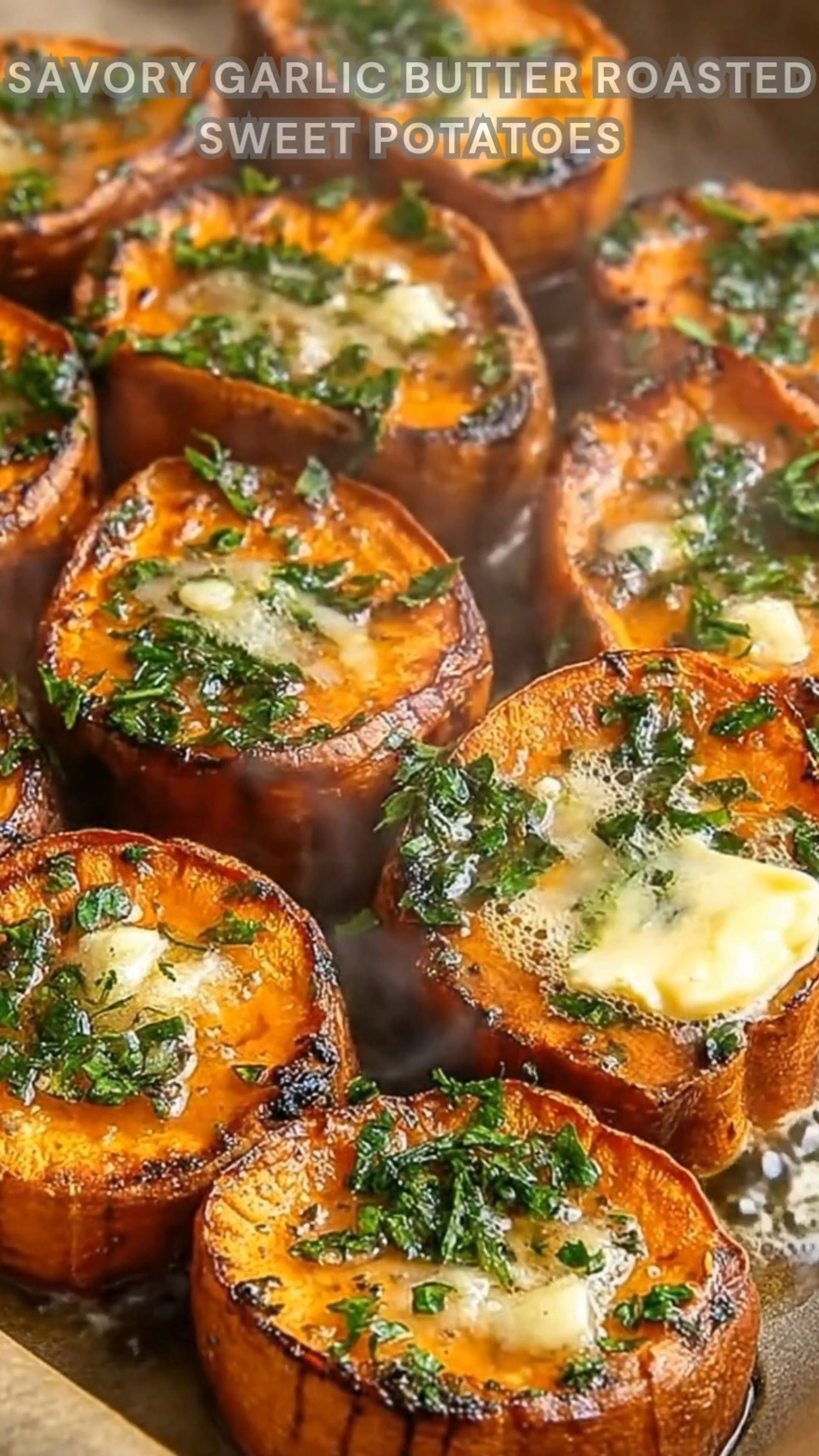 Sweet Potatoes Cubed. Toss with Garlic, Butter, Salt, Pepper