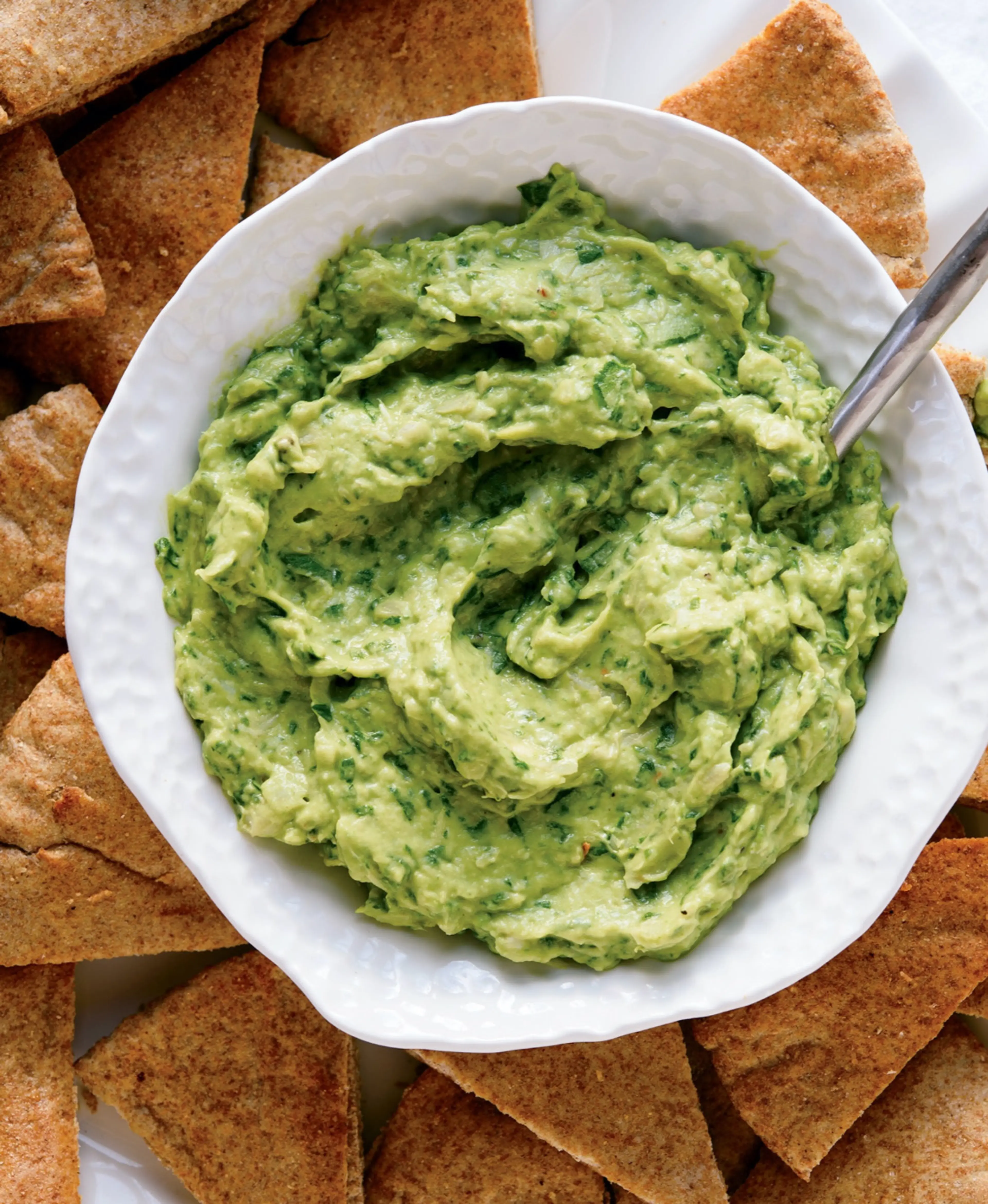 Avocado, Spinach, and Artichoke Dip with Toasted Pita Wedges