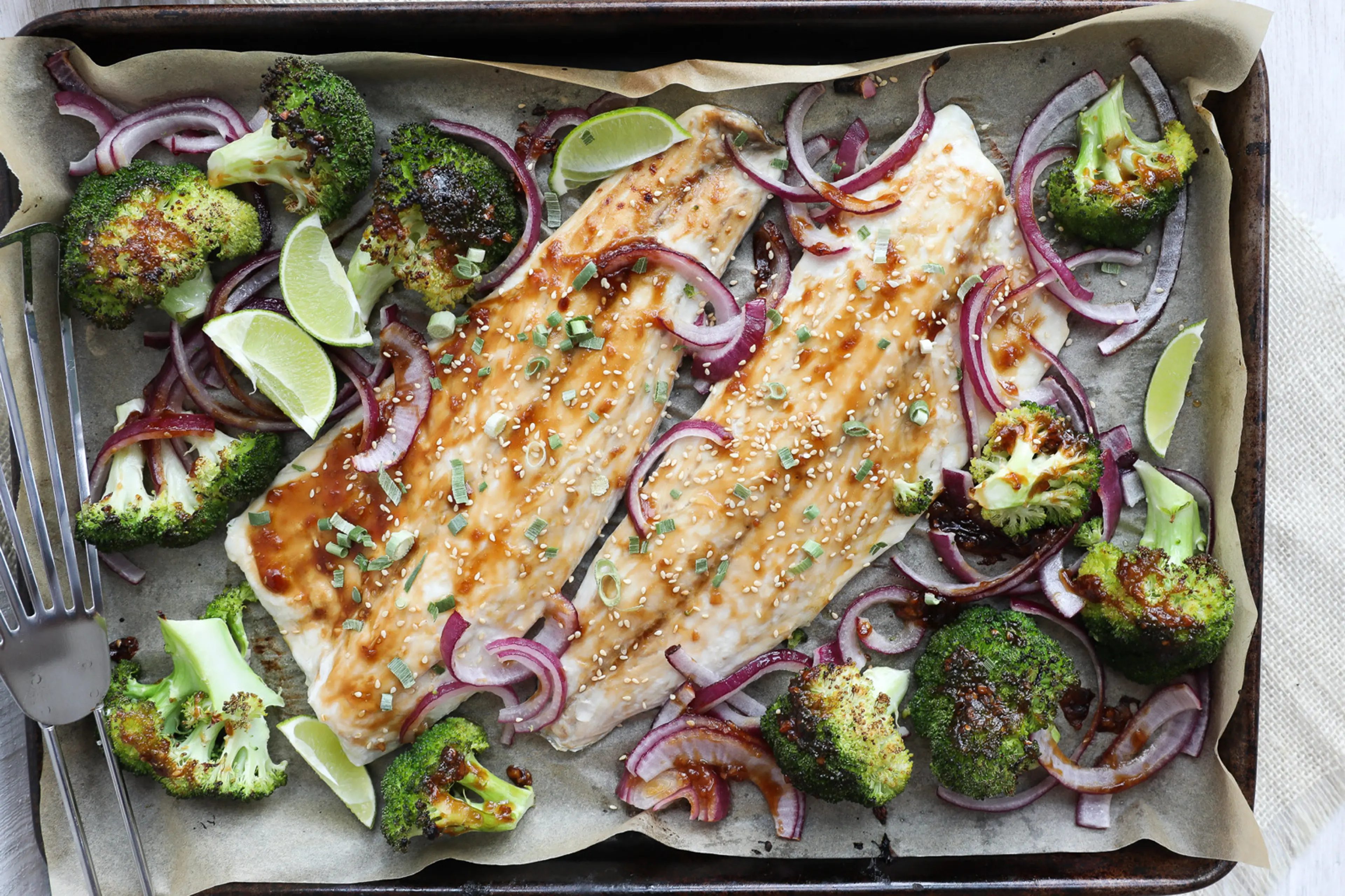 Sheet Pan Teriyaki Baked Striped Bass with Broccoli