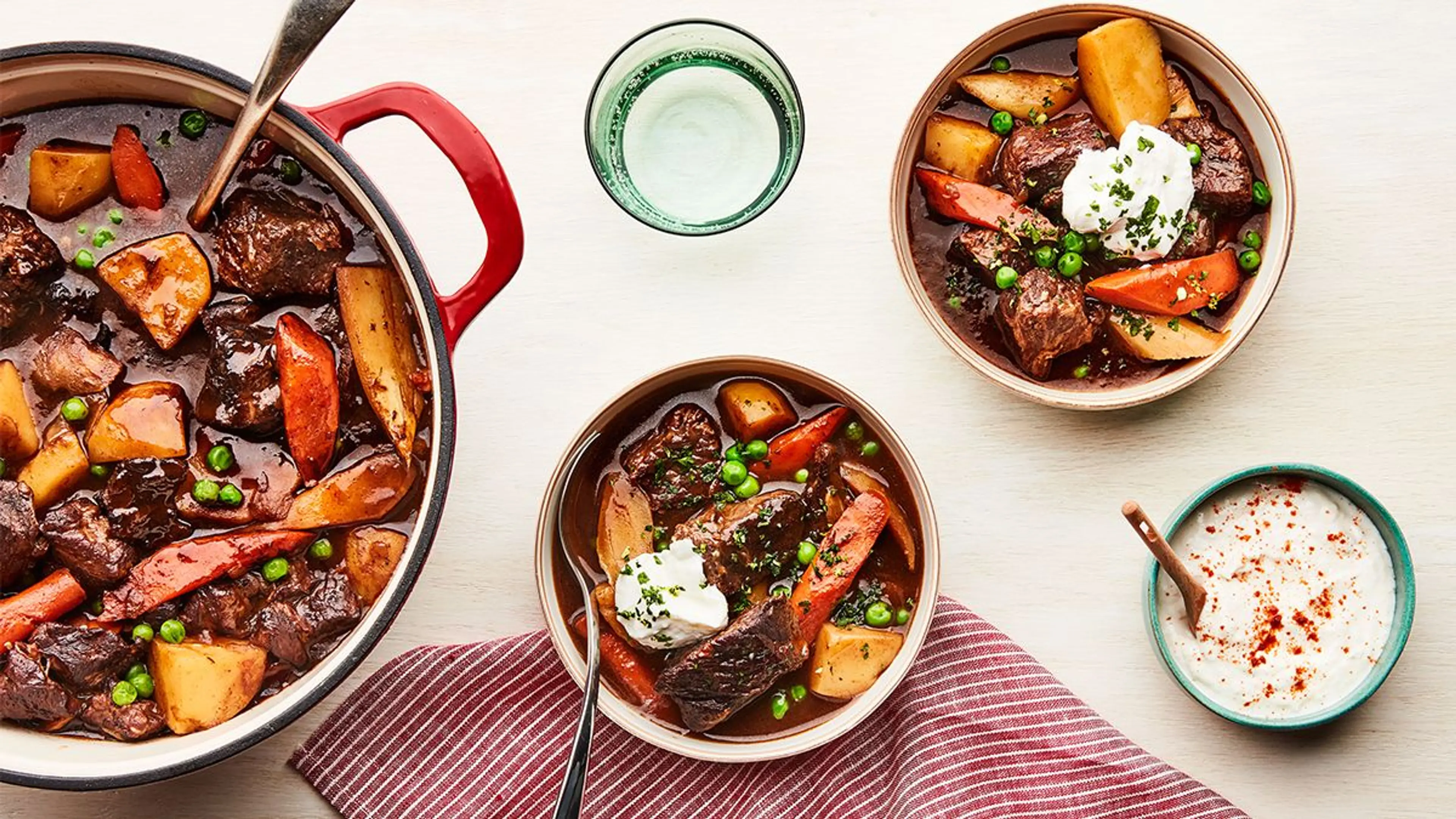 Classic Beef Stew with Peas and Creamy Horseradish Yogurt Sa