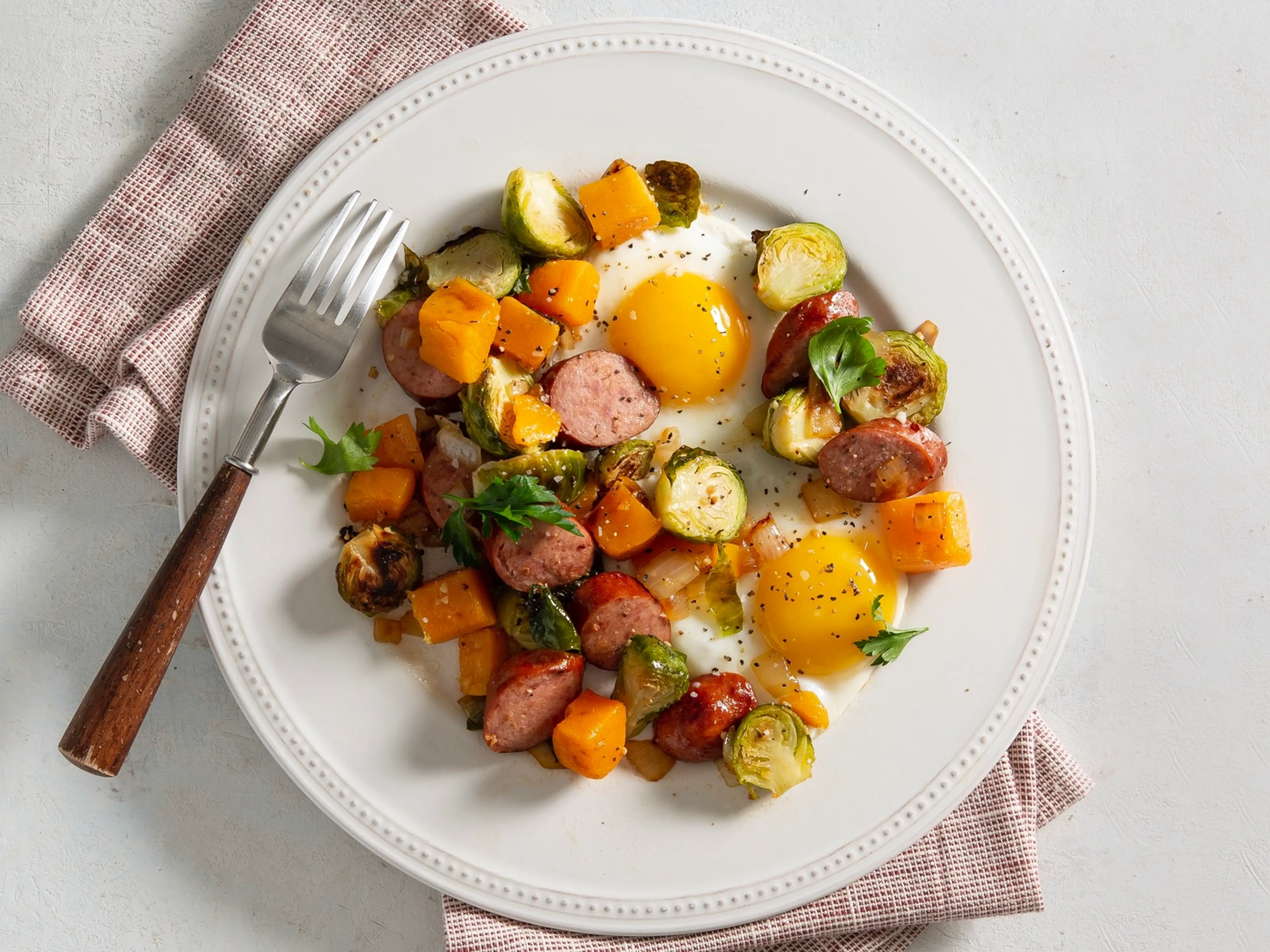 Sausage, Sweet Potato, and Brussels Sprouts Hash