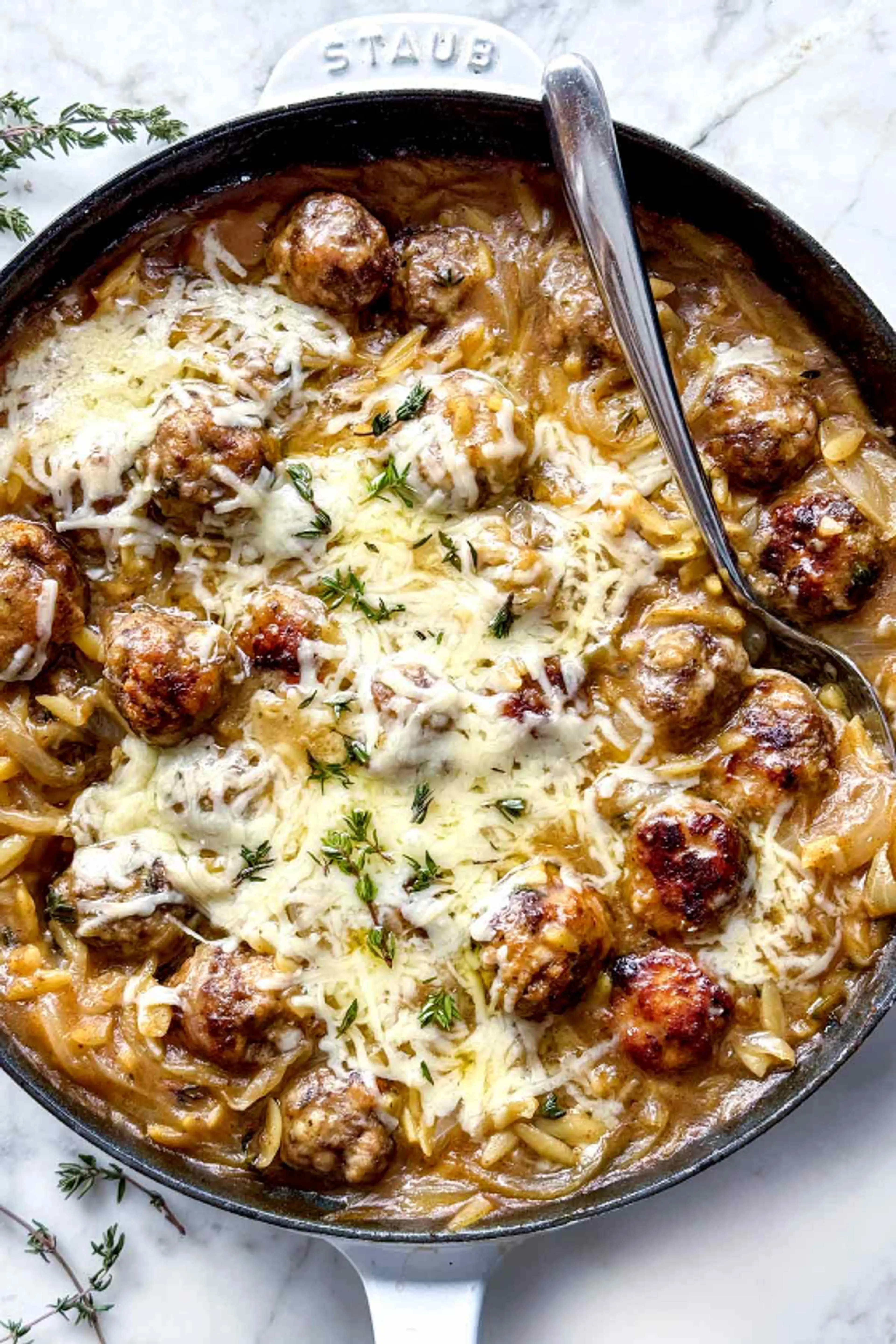 French Onion Orzo with Meatballs