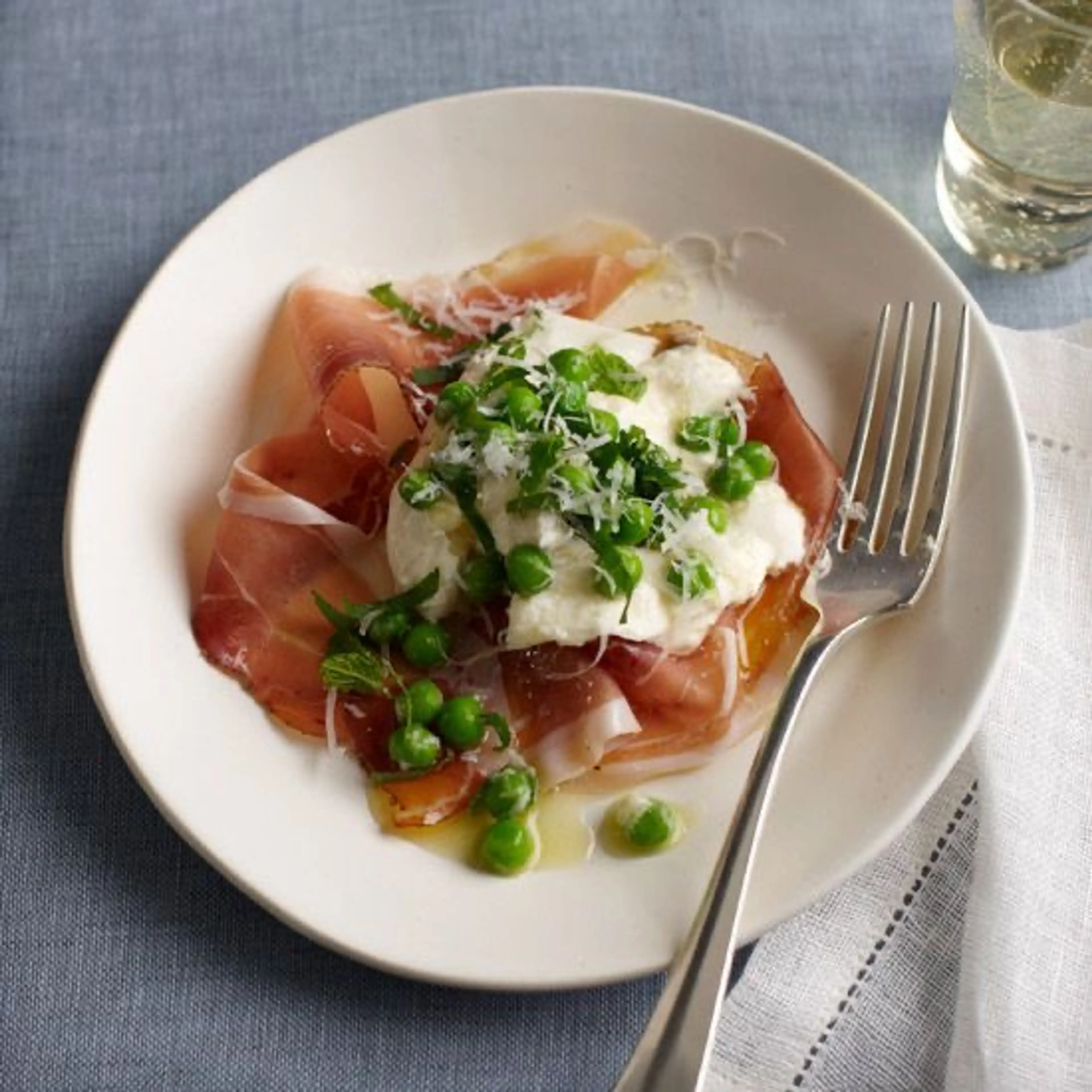 Burrata with Speck, Peas, and Mint