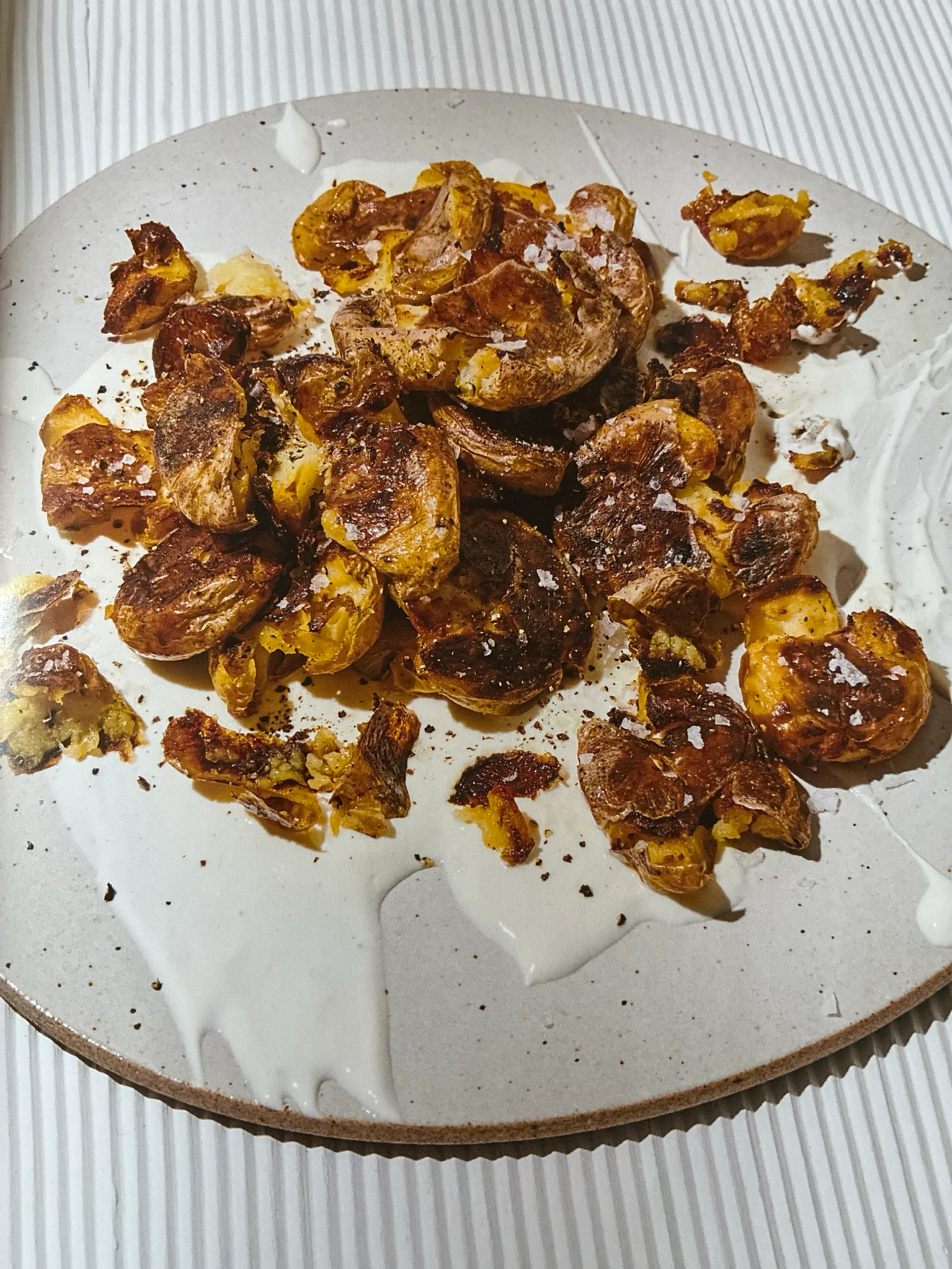 Smooshed & Crippy Potatoes with Salt 'n' Vinegar Sour Cream