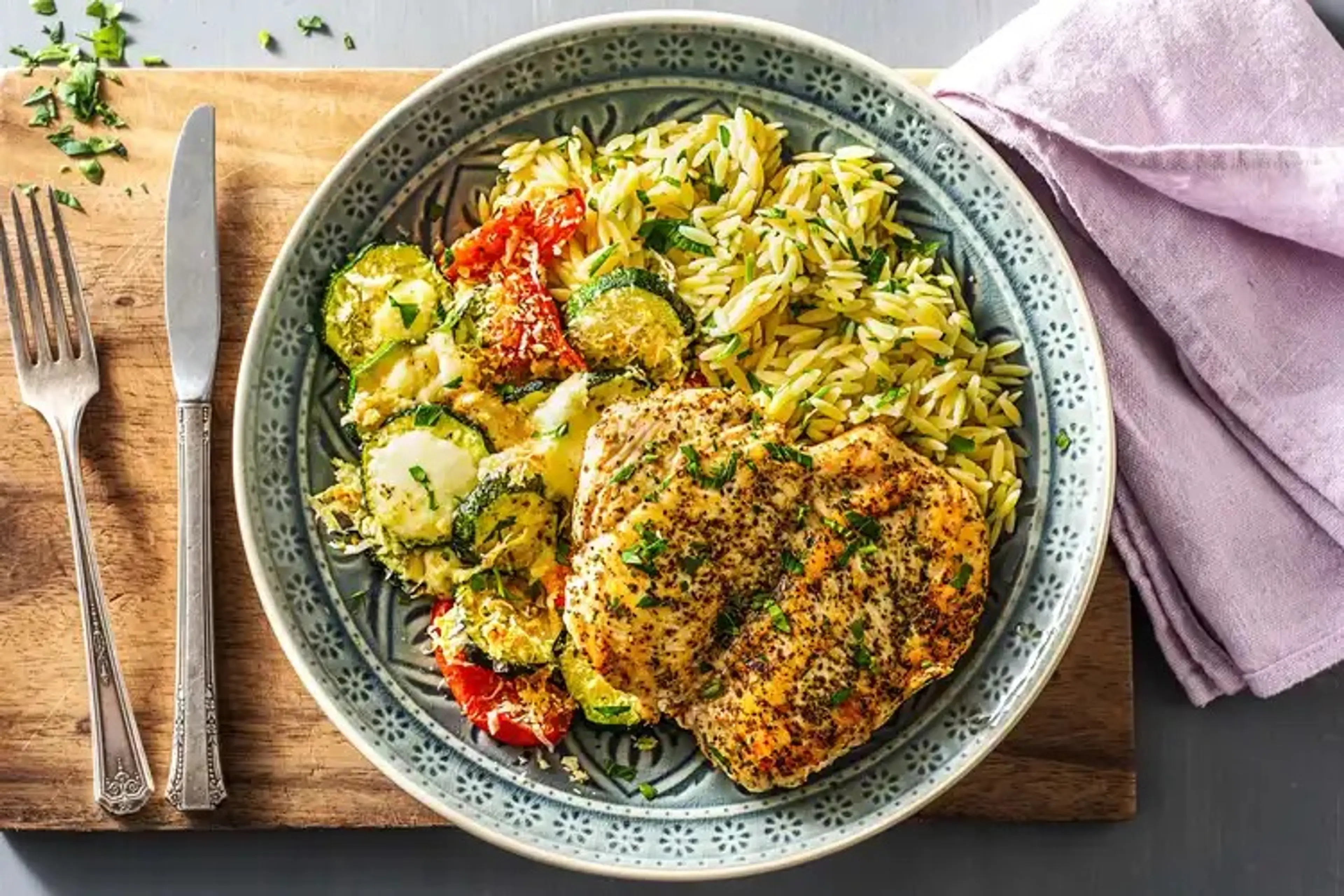 Chicken Orzo Dinner with Cheesy Roasted Zucchini