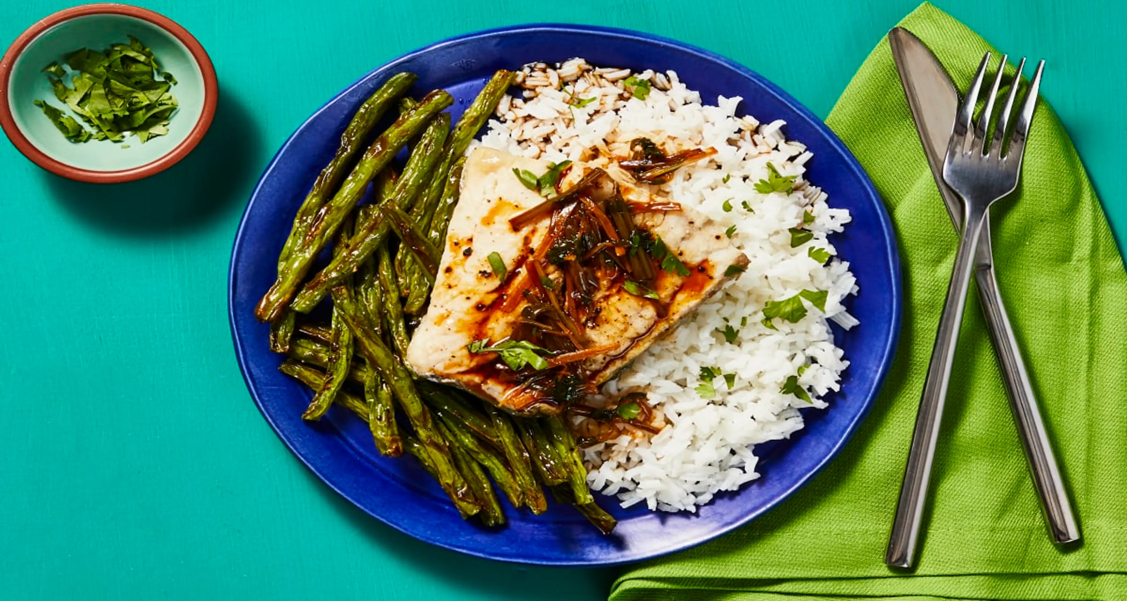 Steamed Cantonese-Style Barramundi with Rice, Roasted Green 