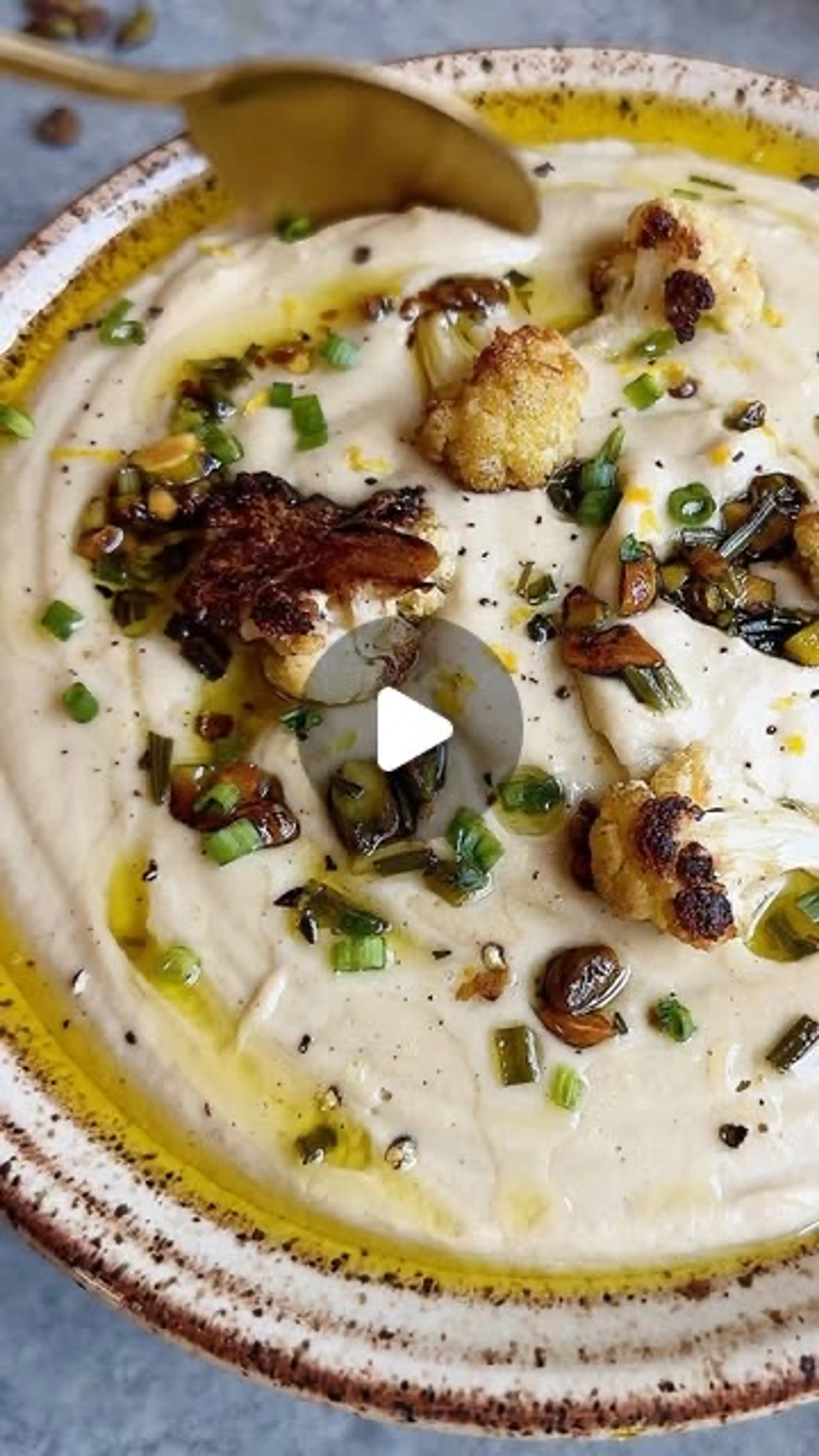 Dairy-free Roasted Cauliflower Soup with Sizzling Pistachio-