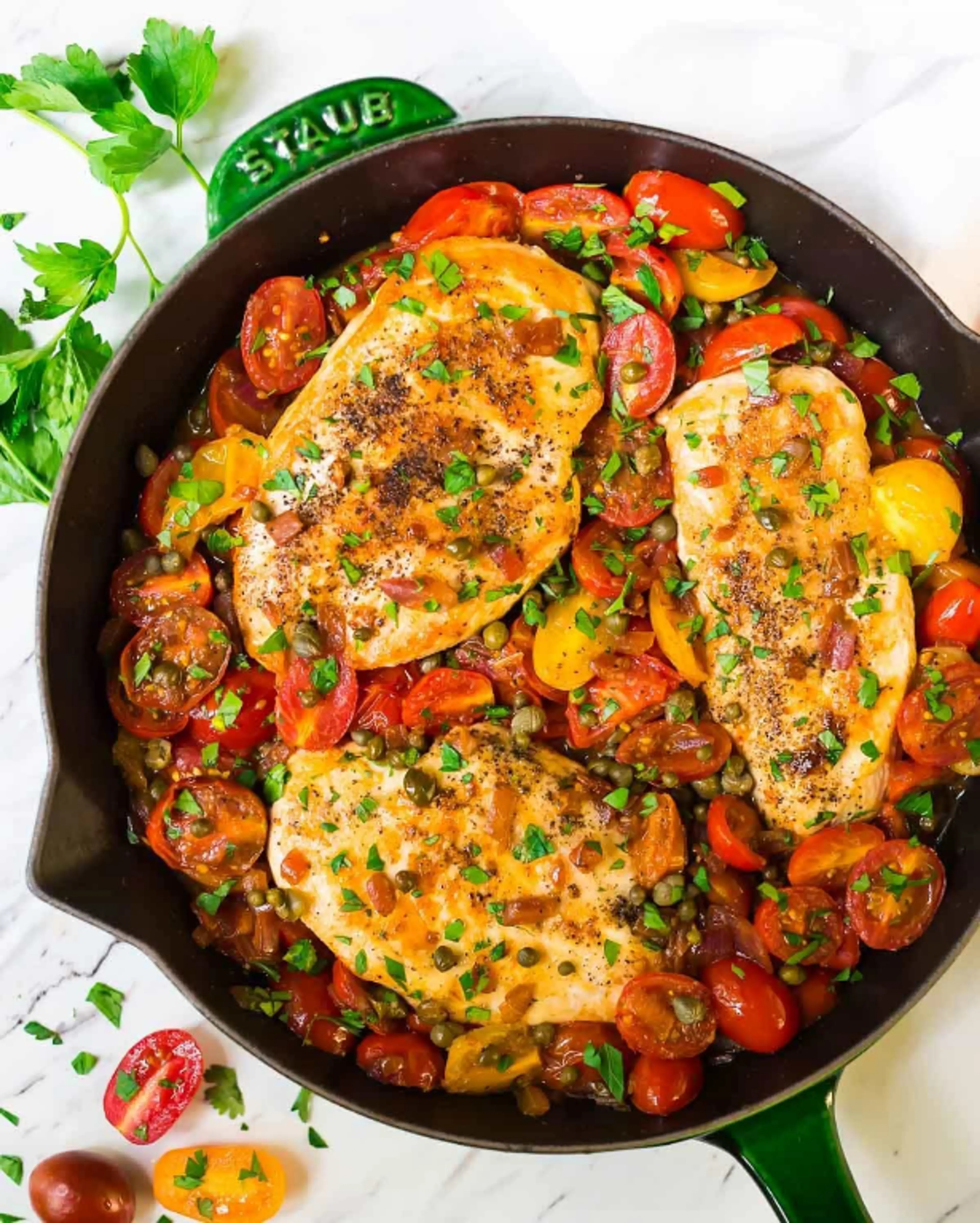 Simple Chicken and Tomatoes Skillet with Garlic and Capers