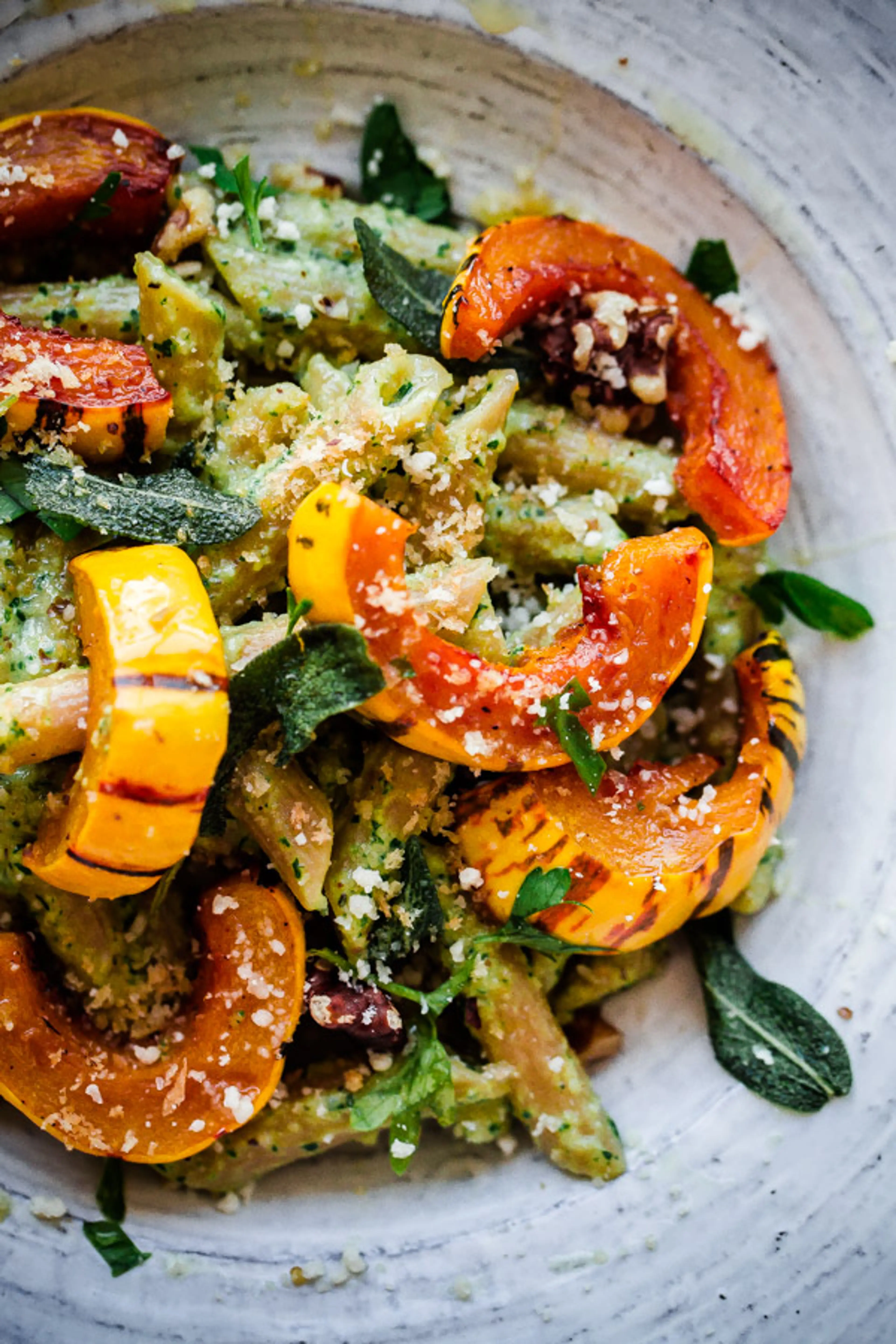Walnut Sage Pesto Pasta with Roasted Delicata Squash