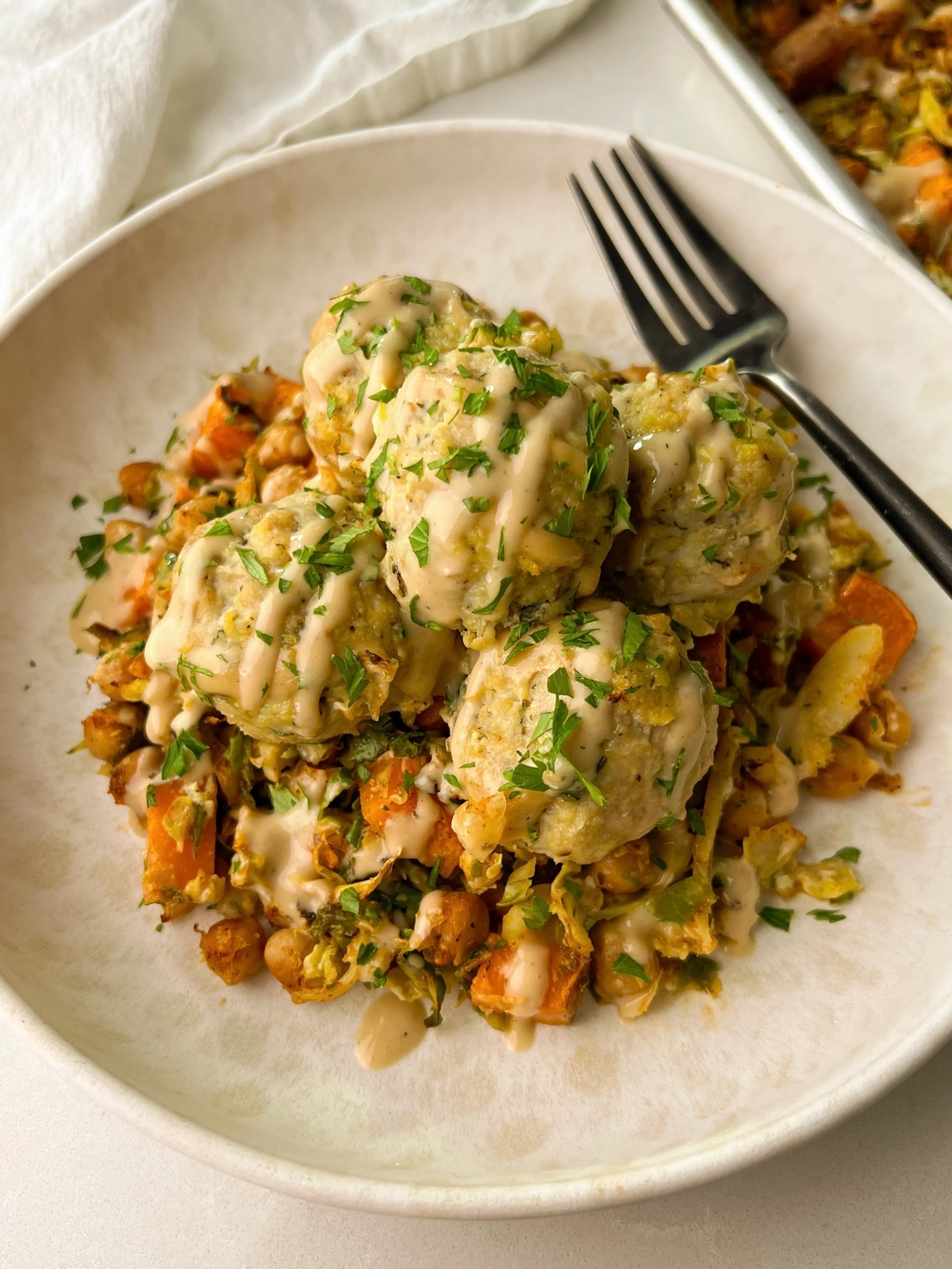 Fall Sheet Pan Chicken Meatballs and Veggies with Maple Tahi