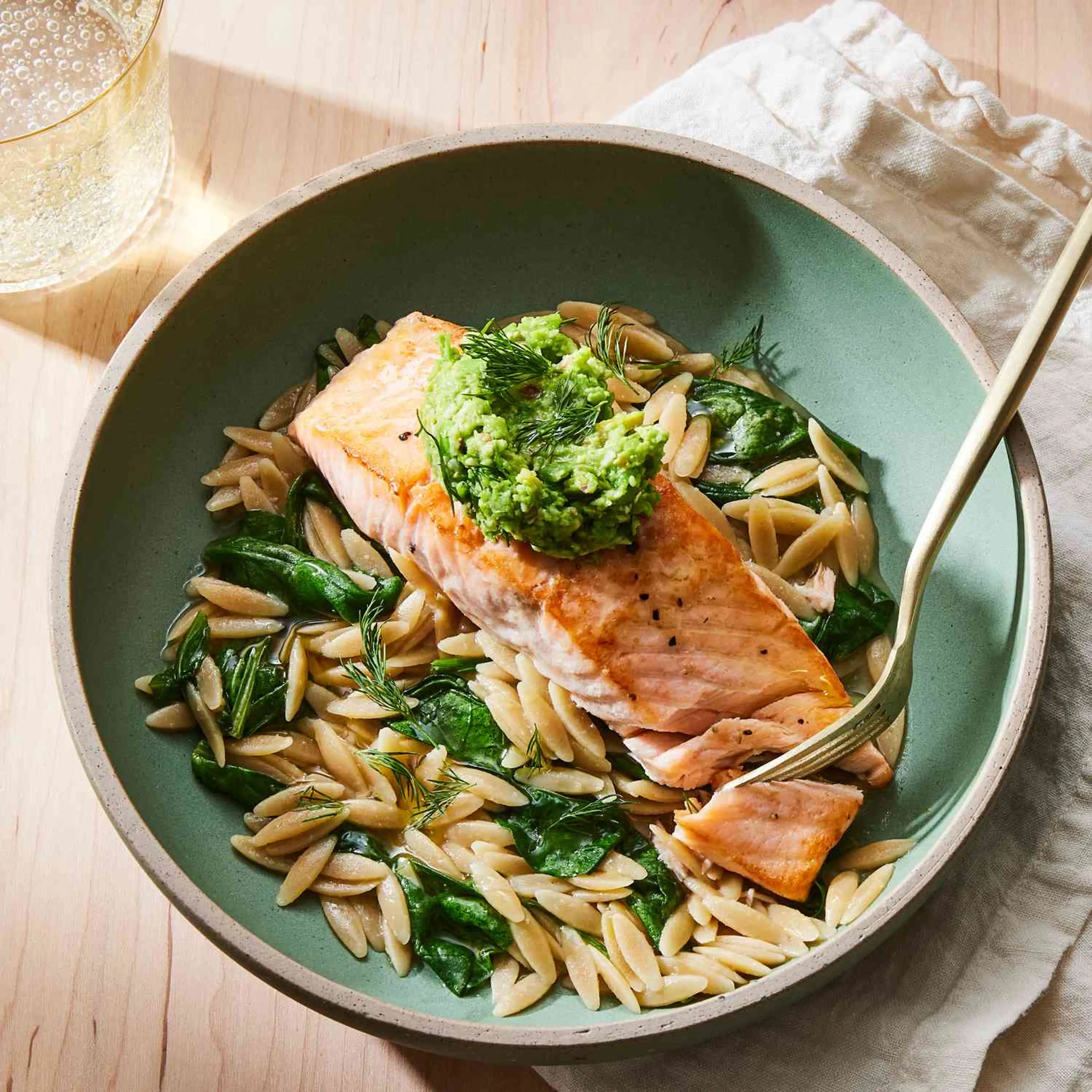 Skillet Salmon with Orzo & Green Pea Pesto