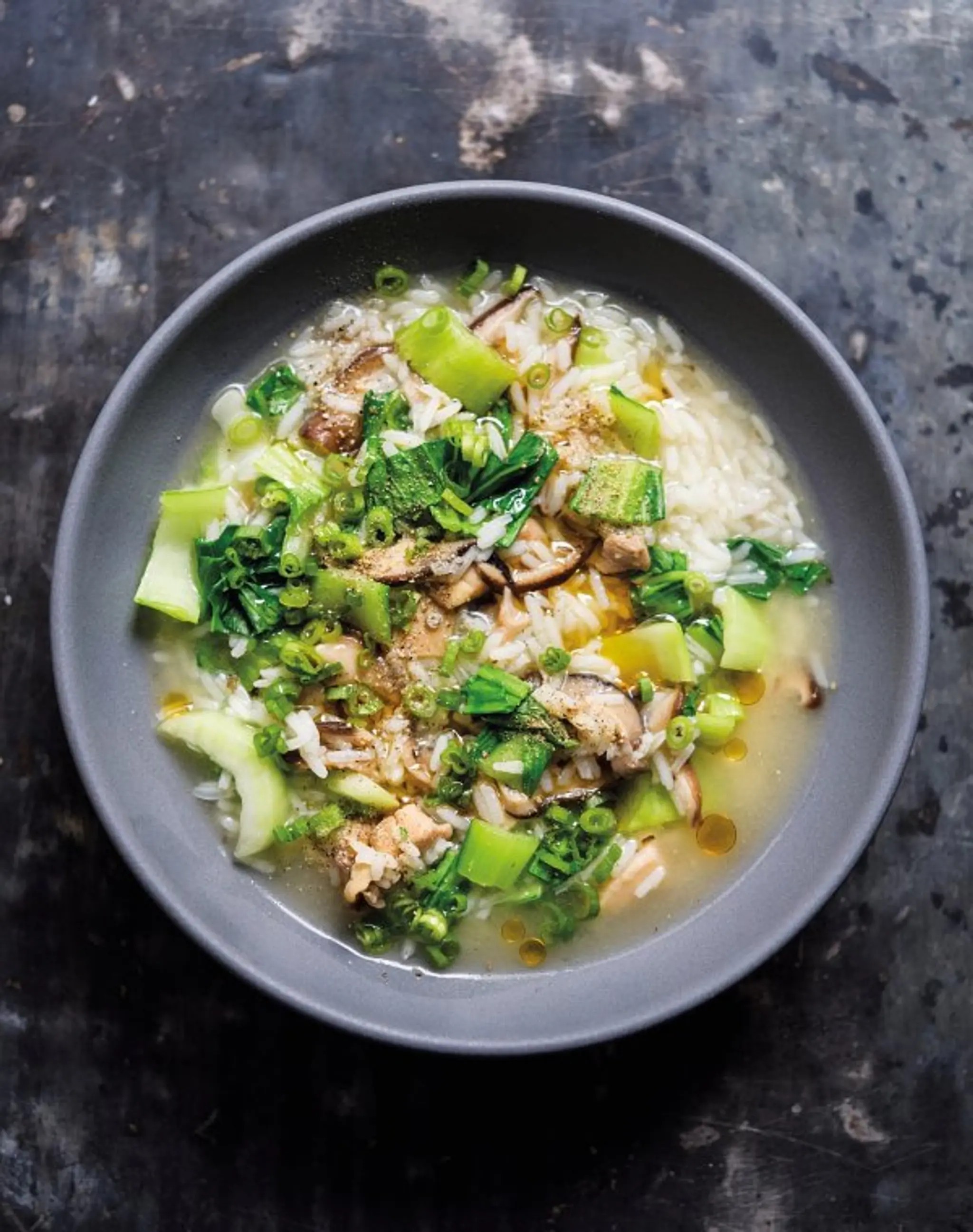Soupy Rice with Chicken, Bok Choy and Mushrooms (Pao Fan)